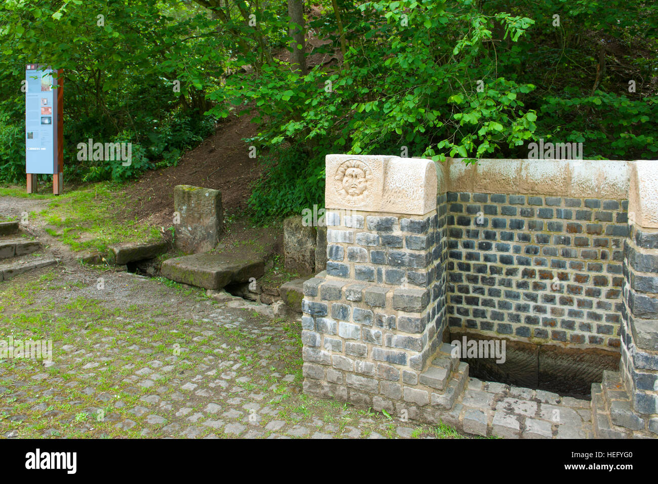 Deutschland, Nordrhein-Westfalen, Kreis Euskirchen, Nettersheim, Quellfassung «Urfttal Grüner Pütz' im. Hier beginnt die römische, Eifelwasserleitung Banque D'Images