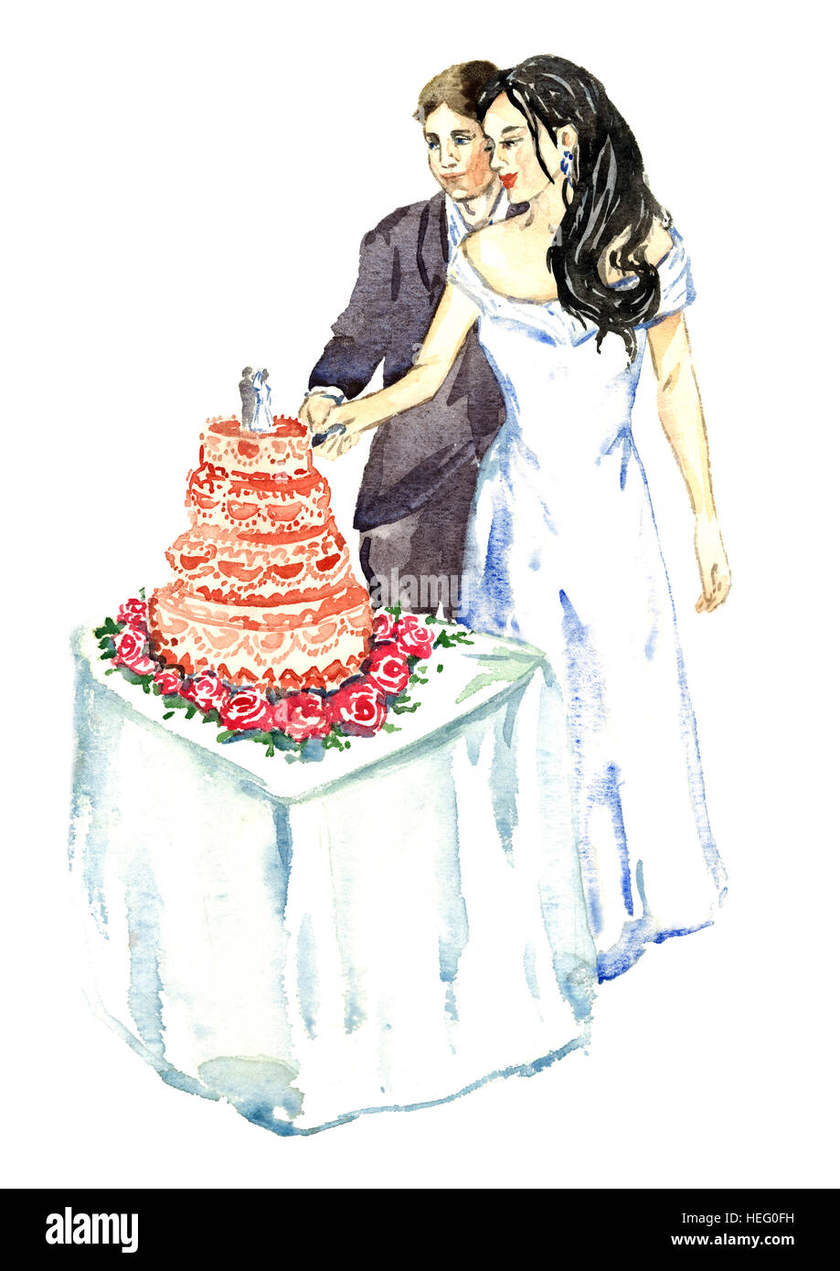 L Epoux Et Epouse Rose Coupe Gateau De Mariage Illustration