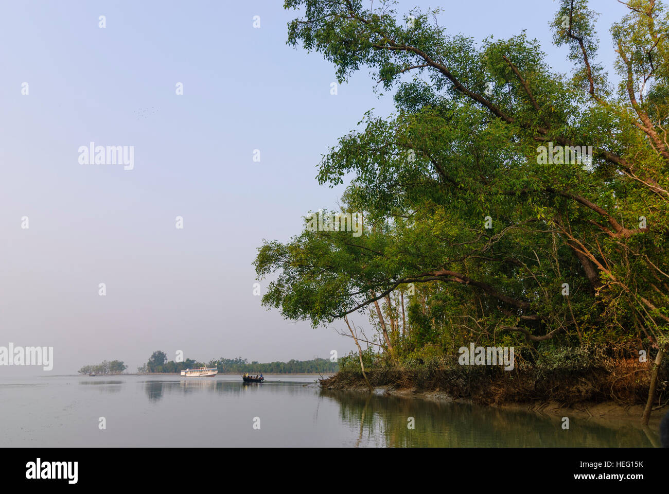 Parc national des Sundarbans : Mangrove et bateau avec les touristes sur la façon de le navire de croisière, division de Khulna, Bangladesh Banque D'Images