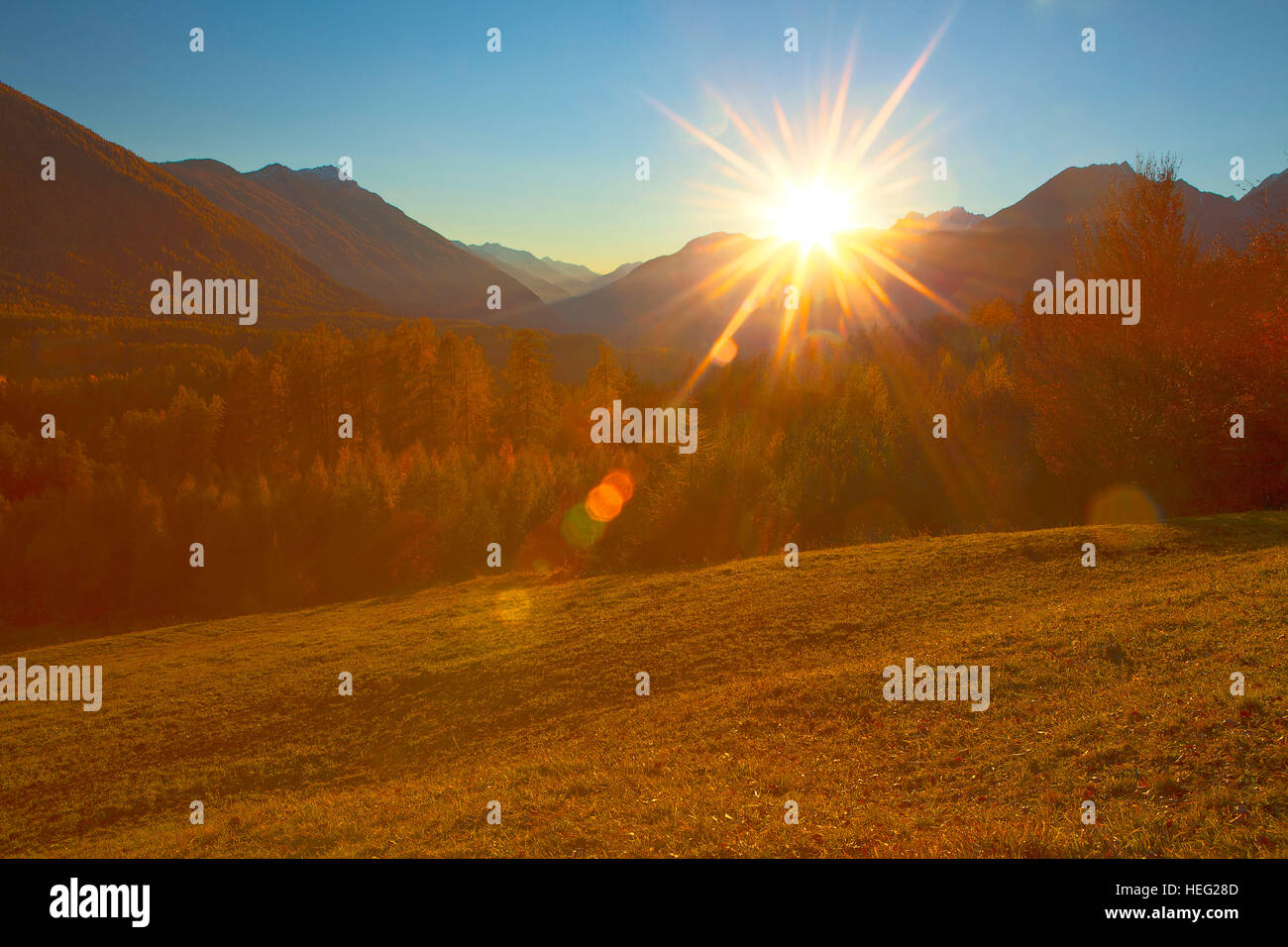 Autriche, Tyrol, le coucher du soleil dans l'Holzleitensattel / Holzleiten Selle (col) Banque D'Images