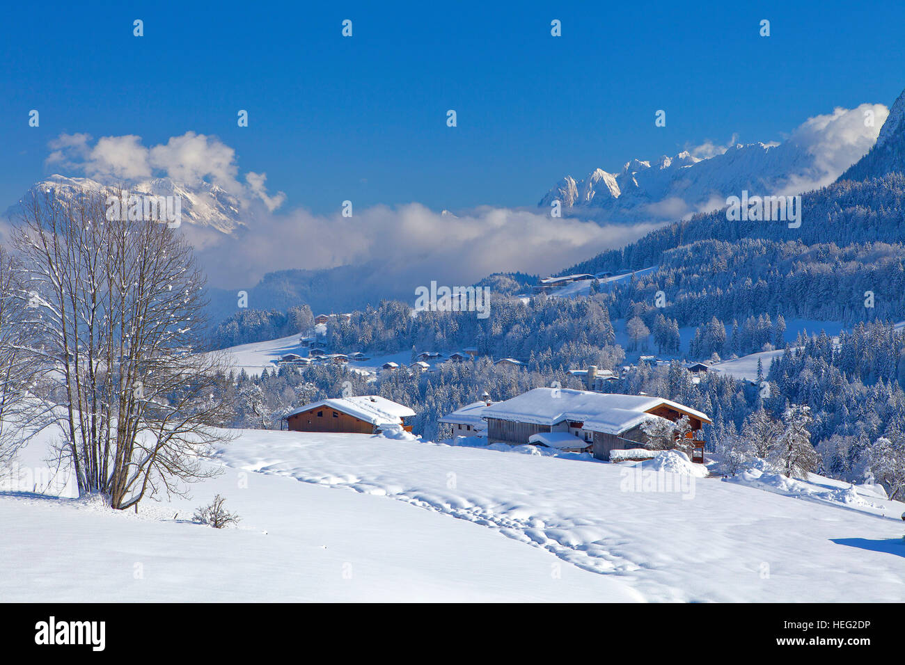 Autriche, Tyrol, Thiersee (village), les fermes de Hinterthiersee (village) vue de Wilder Kaiser (montagne) Banque D'Images