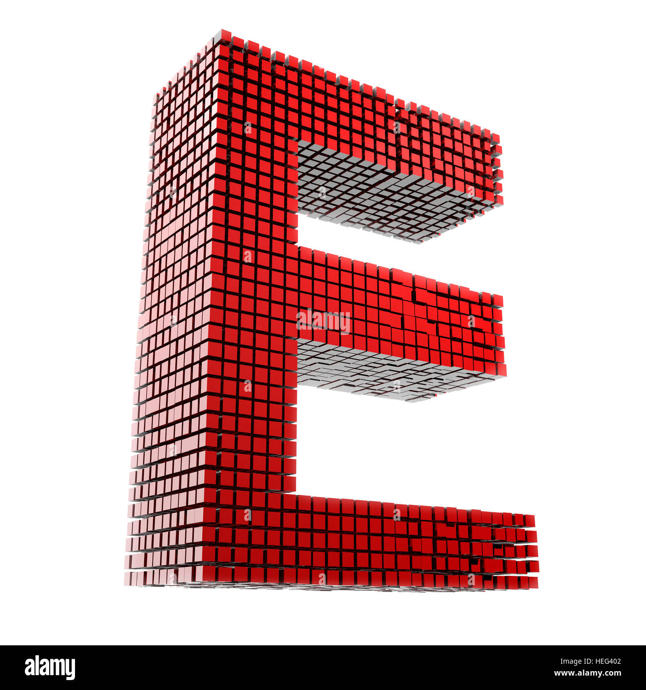 Buchstabe 3D E dans fragmentiert numérique matériel rotem vor weißem Hntergrund Banque D'Images