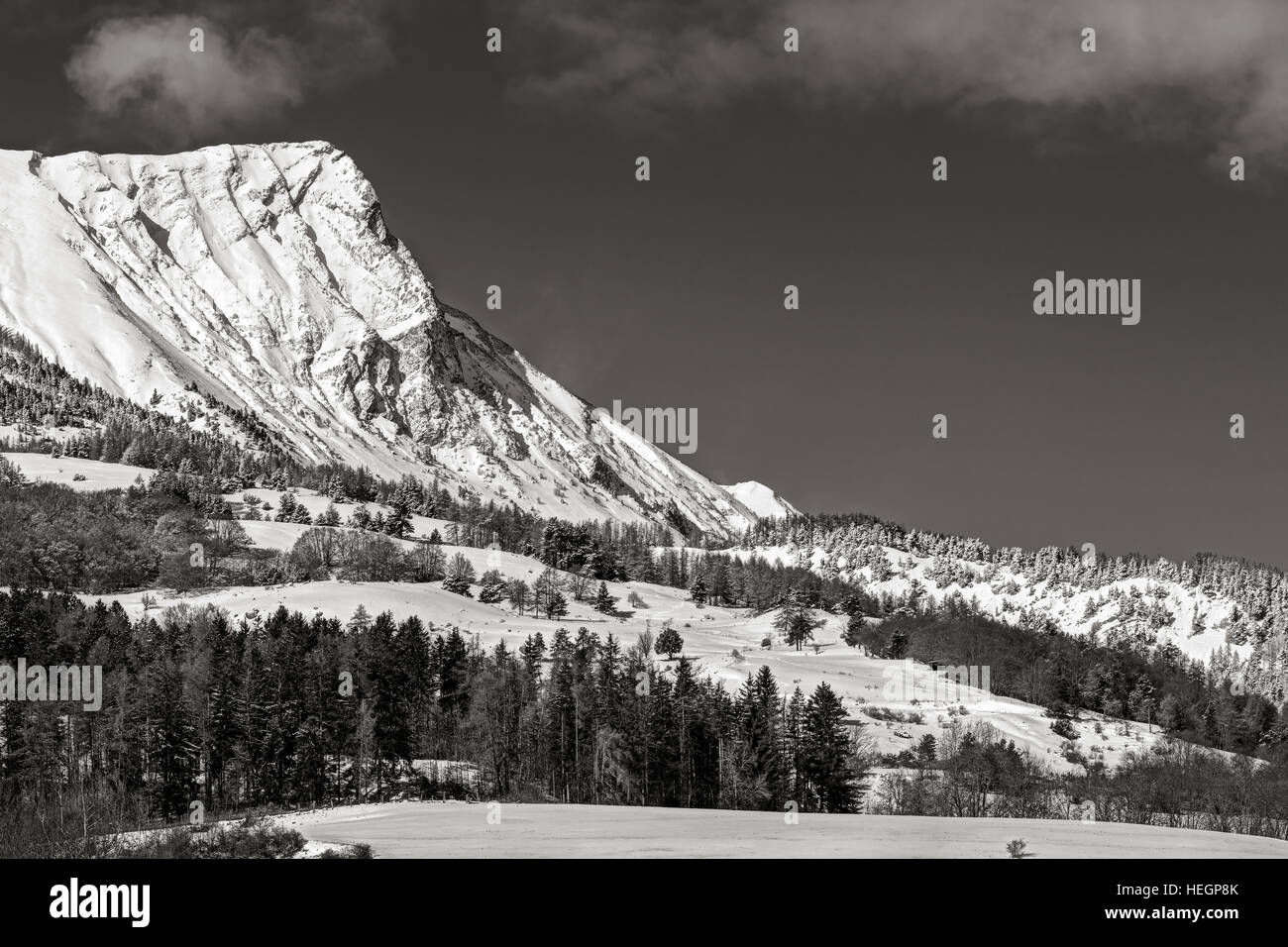 Aiguille (près de La Gleize) recouvert de neige en hiver. Noir et blanc. Champsaur, Hautes Alpes, Alpes du Sud, France Banque D'Images