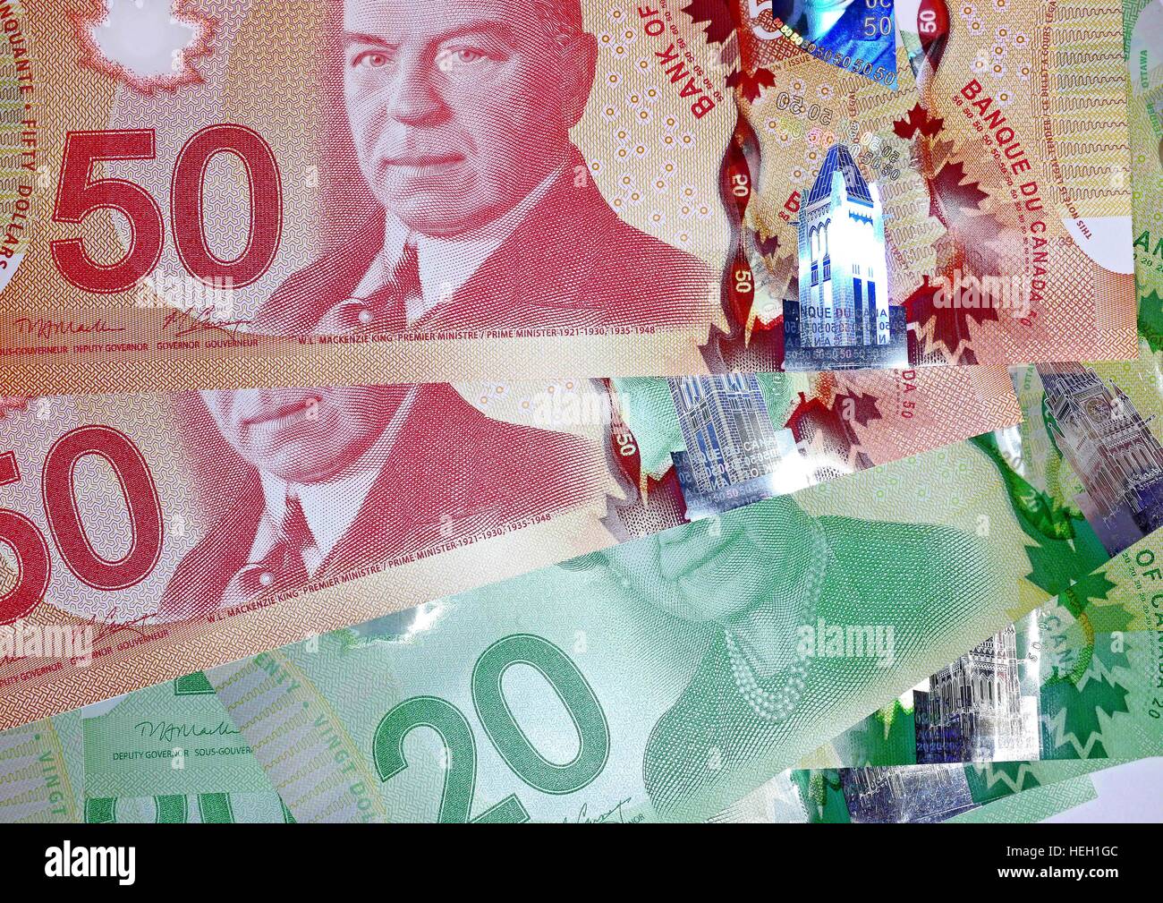 La Banque du Canada a émis de nouveaux polymères de haute technologie de l'argent avec des hologrammes qui durera plus longtemps et être plus difficiles à contrefaire. Banque D'Images