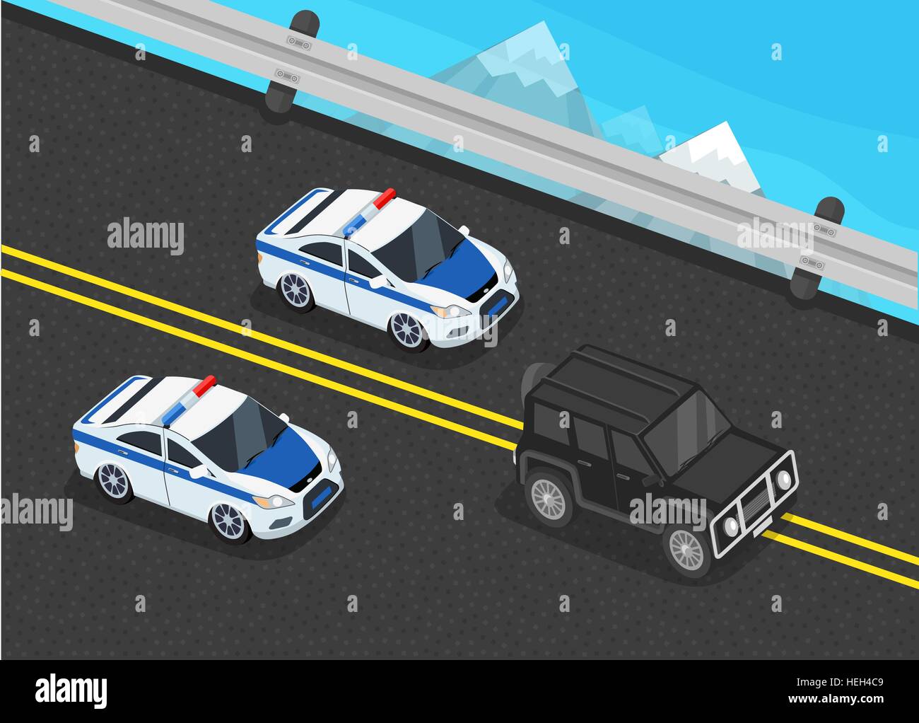La police voiture isométrique cortège design plat. Les gardes de police 3D, d'escorte du convoi, policier en voiture, cortège 3d police voiture de police Illustration de Vecteur