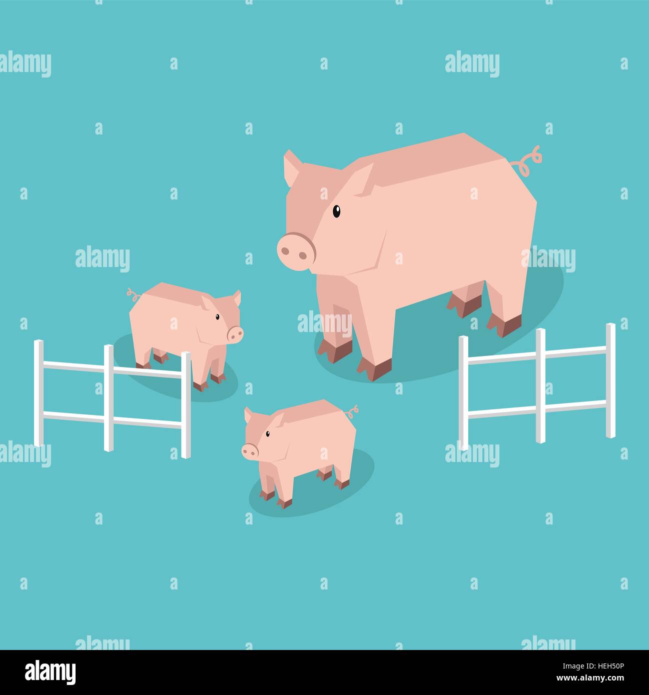 Cochon isométrique avec porcelets isolés. La ferme des animaux avec la famille cochon porcelet peu drôle, ferme d'élevage de dessin sanglier ou big Illustration de Vecteur