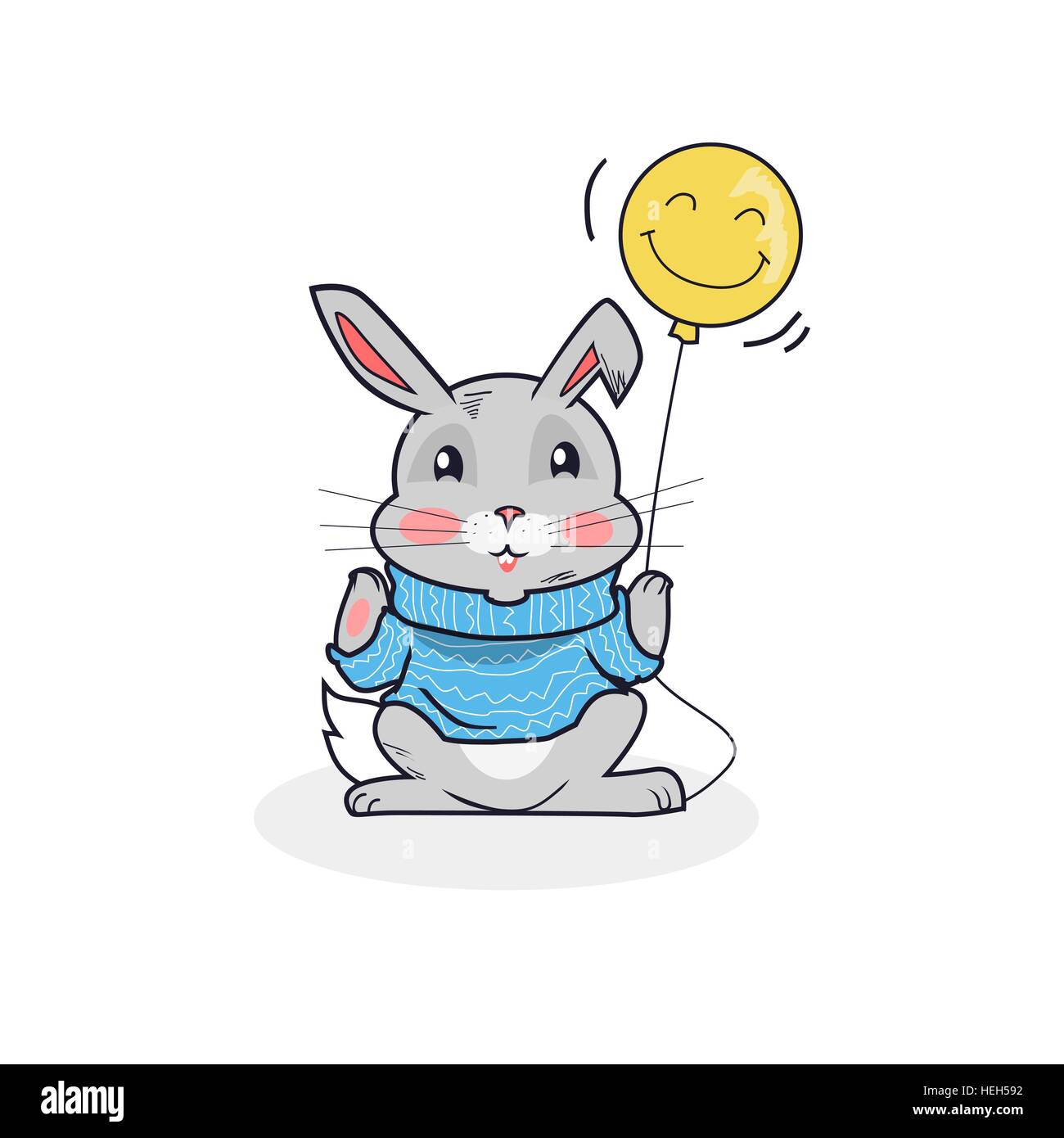 Lièvre gris avec balloon isolés. Mignon lapin gris pull en laine en tenant un ballon de patte isolé sur fond blanc, animal Illustration de Vecteur