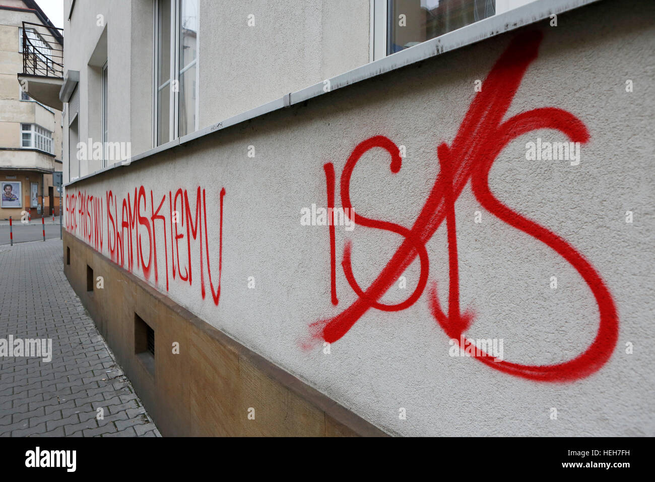 Cracovie, Pologne, le 26 novembre 2015, Islam et anti graffiti ISIS à Cracovie Banque D'Images