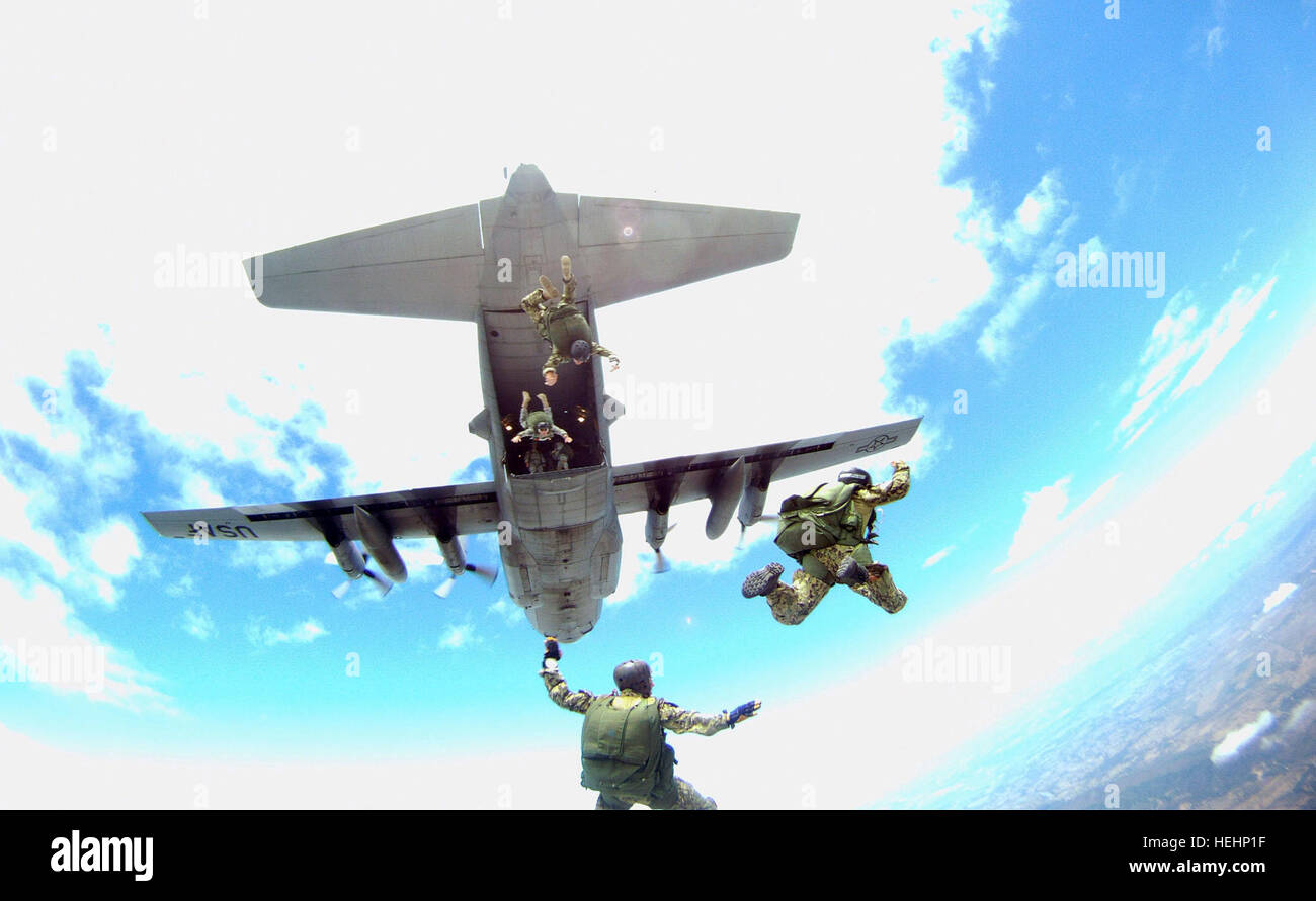 États-unis et parachutistes colombien sauter d'un C-130 à une altitude de 15 000 pieds dans le cadre d'un saut en chute libre militaire internationale à Fort Tolemaida, Colombie le 30 juillet dans le cadre de Fuerzas Comando 2014. Le saut combiné symbolisé la force multinationale de la coopération, la confiance mutuelle, l'état de préparation, et l'interopérabilité des forces spéciales des deux pays. Les États-Unis servicemembers sont affectés aux opérations spéciales du commandement. Un avion de la West Virginia Air National Guard a appuyé le saut de chute libre. Nous, les parachutistes colombien participer à chute libre combiné au cours de Fuerza Banque D'Images