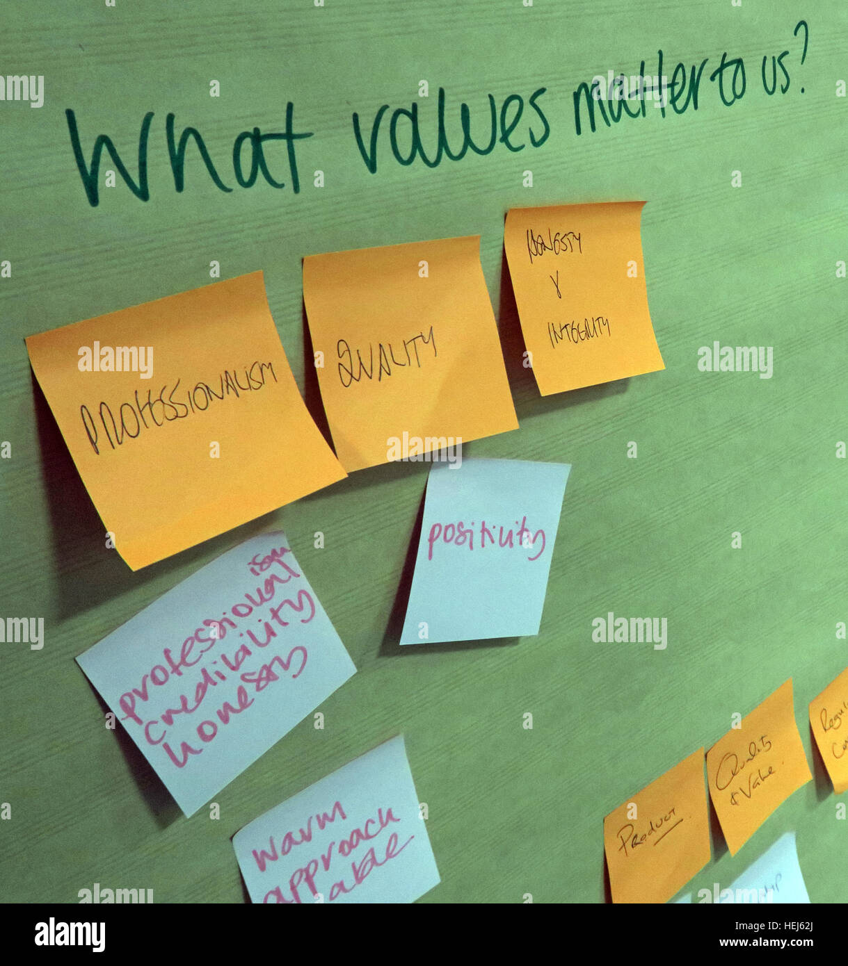 Valeurs et stratégie de formation office brainstorming session team building - Quelles sont les valeurs qui nous tiennent à cœur ? Banque D'Images