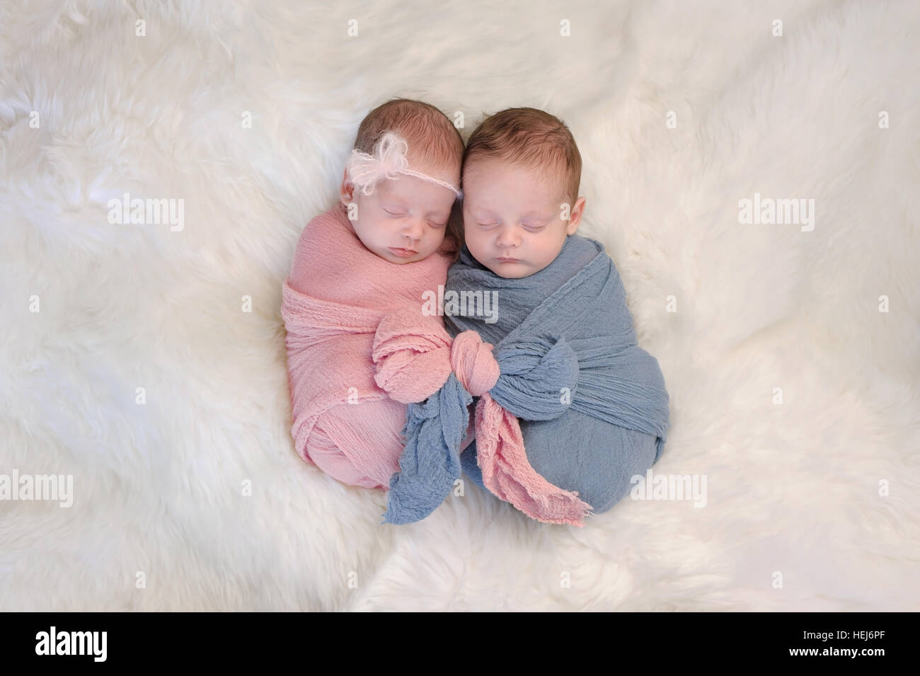 Deux mois, les bébés jumeaux fraternels. Ils couchent ensemble dans emmailloté et rose et bleu que enveloppements sont liés ensemble dans un arc. Banque D'Images