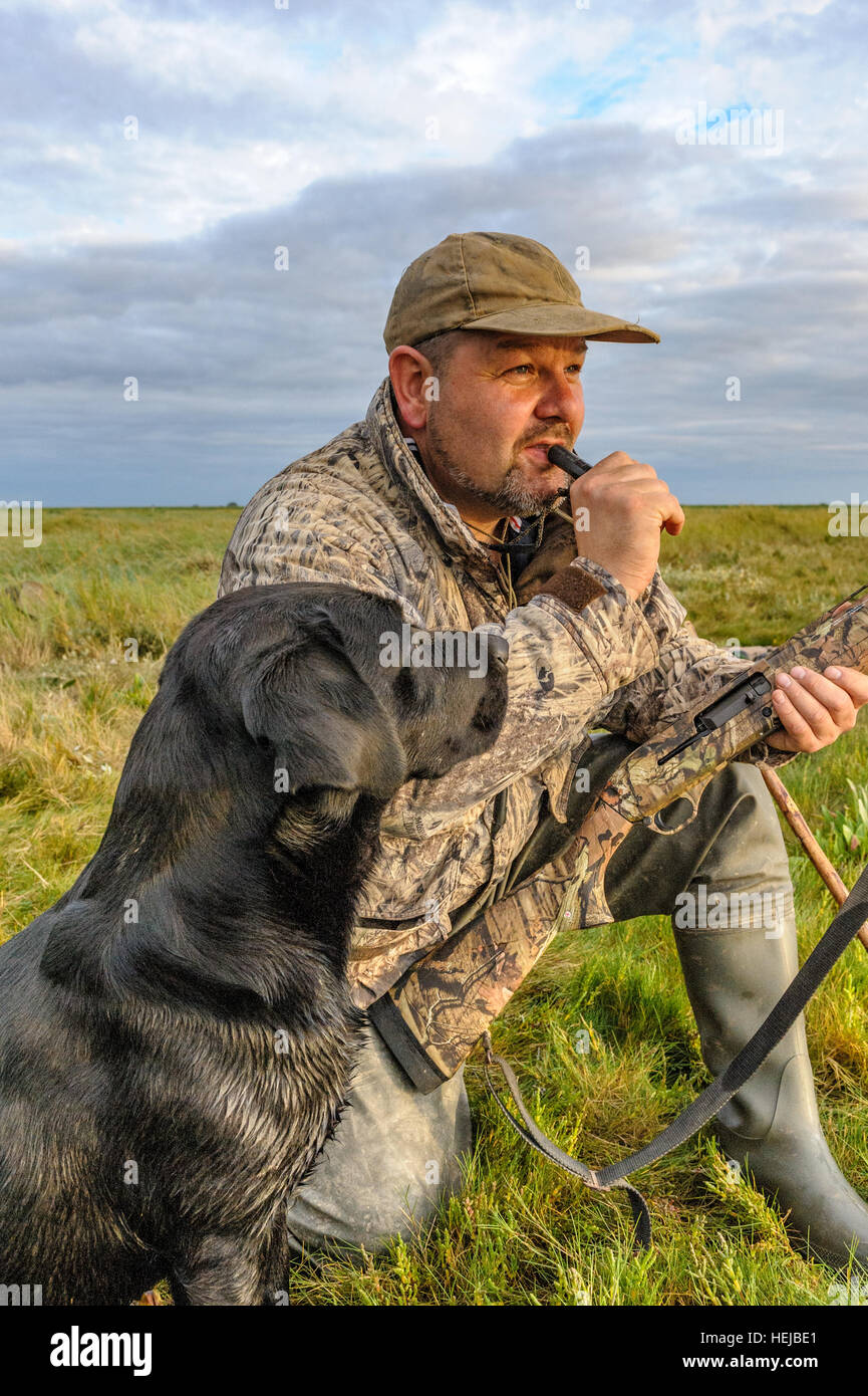 Un wildfowler UK, ou chasseur de canard, assis sur l'estran ou marsh avec son chien soufflant un canard appel dans la lumière du soir la décoloration Banque D'Images