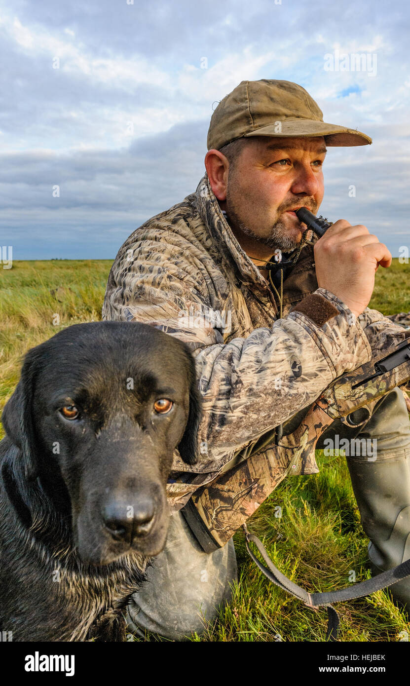 Un wildfowler UK, ou chasseur de canard, assis sur l'estran ou marsh avec son chien soufflant un canard appel dans la lumière du soir la décoloration Banque D'Images
