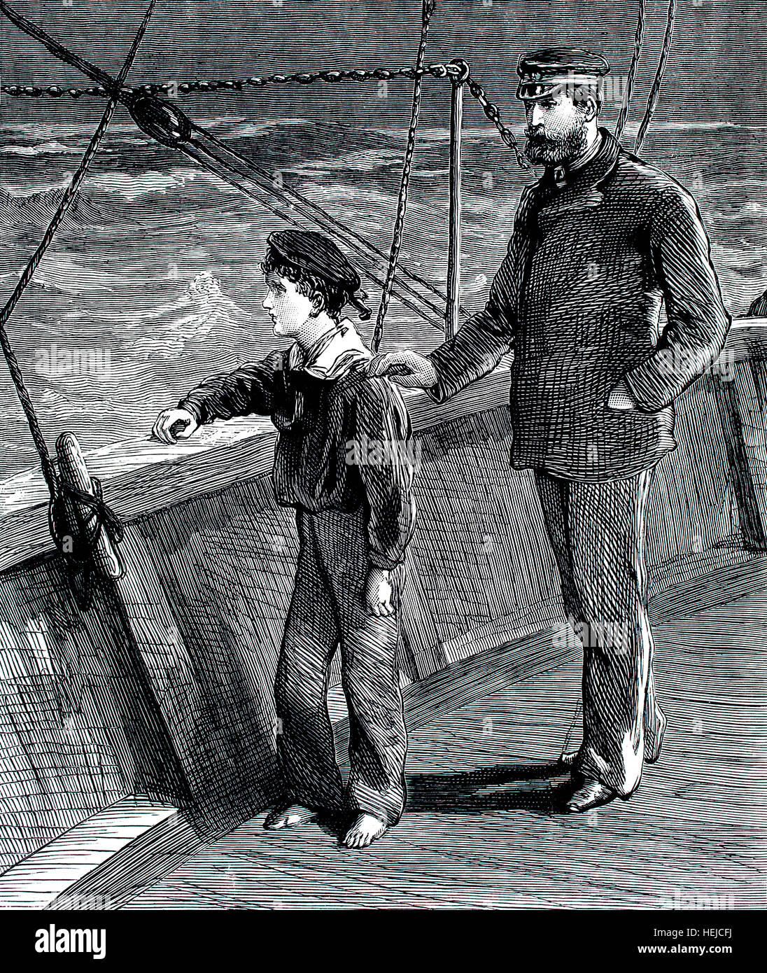 La main du capitaine sur l'épaulement de marin garçon aller à la mer pour la première fois, l'illustration de 1884 papier hebdomadaire pour les enfants de Chatterbox Banque D'Images