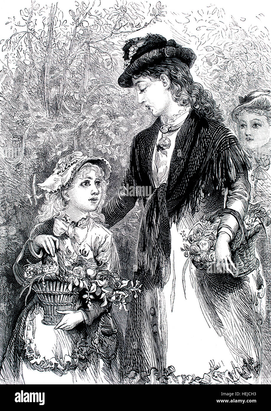 Mère et fille portant des paniers de fleurs, illustration de 1884 papier hebdomadaire pour les enfants de Chatterbox Banque D'Images