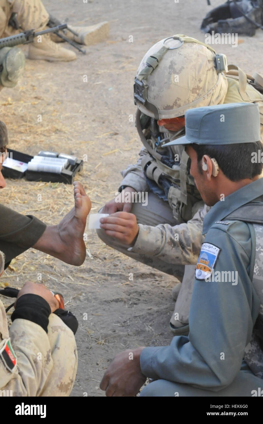 Un soldat canadien utilise un kit de détection des explosifs pour tester le pied d'un homme de résidus d'explosifs à l'extérieur de sa maison. Les soldats du 1er Bataillon, The Royal Canadian Regiment, avec l'Armée nationale afghane et la Police nationale afghane, ont pris part à une patrouille à pied dans le district de Panjwai'i dans la province de Kandahar, le 7 octobre. En définitive, la priorité de la FIAS est de construire jusqu'à l'ANA et de la PNA et main sur la sécurité pour les forces de sécurité afghanes. Patrouille à pied en partenariat avec le district de Panjwai'i 331104 Banque D'Images