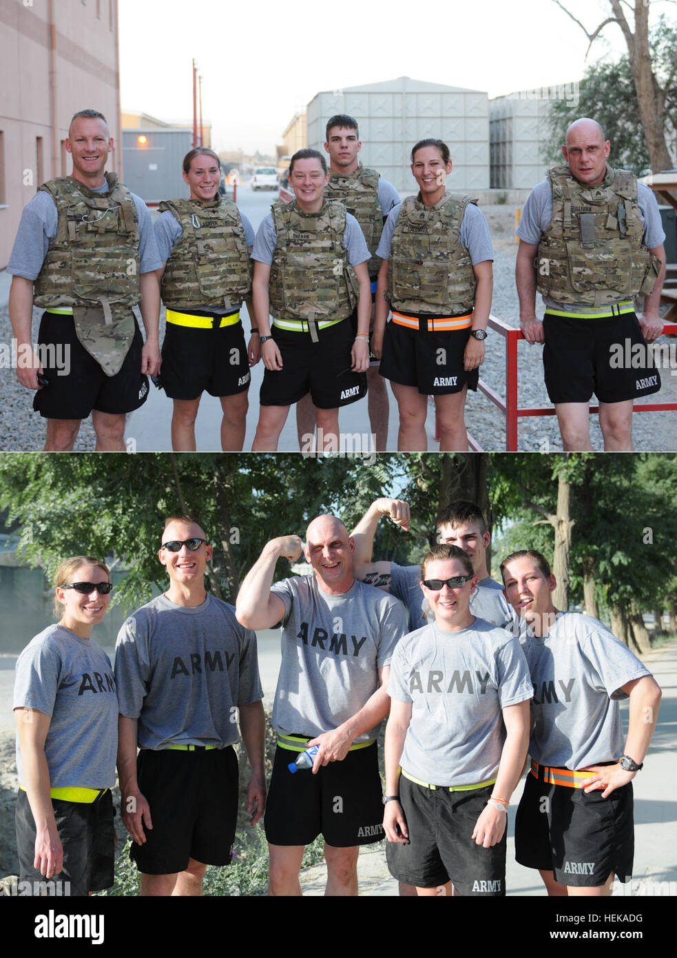 Un groupe de soldats de la Garde nationale de l'Iowa, 2e Brigade Combat Team, 34e Division d'infanterie, Task Force Red Bulls, avant et après avoir fait un jour commémoratif 'Murph' entraînement CrossFit pour recueillir des fonds pour les anciens combattants et leurs familles à la benne de sport sur l'aérodrome de Bagram, la province de Parwan, Afghanistan, le 29 mai. La sueur gagne l'orgueil, de l'argent pour 415943 soldats blessés Banque D'Images