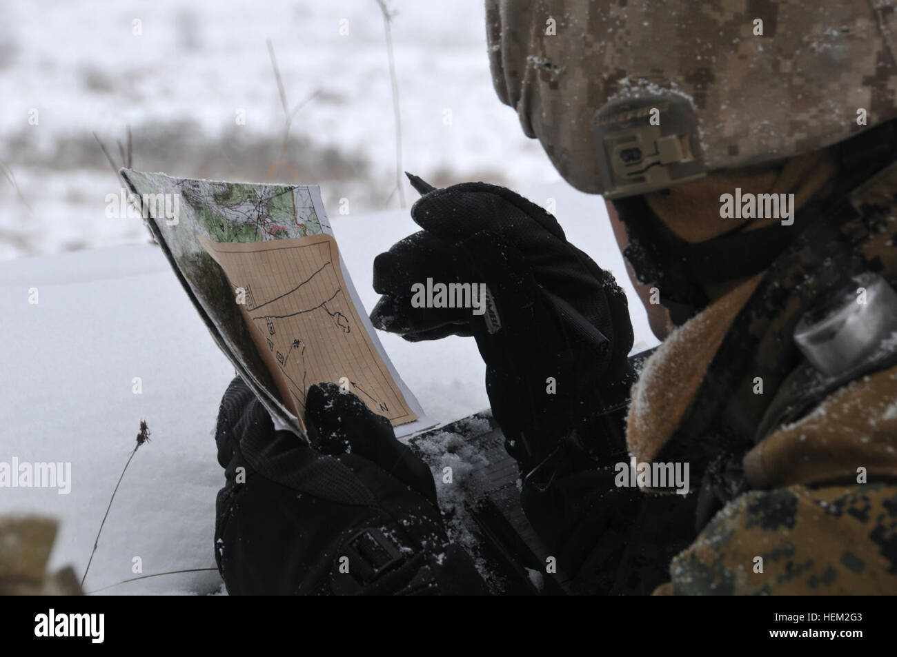 Un U.S. Marine à partir de la 2e équipe de liaison Naval Air, Camp Lejeune, N.C., études sa carte au cours d'un appui aérien rapproché de l'exercice dans le centre de préparation interarmées multinationale (JMRC) dans Hohenfels, Allemagne, 9 février 2012. L'JMRC, travaillant avec les forces des Marines des États-Unis d'Europe, dans le cadre du déploiement d'Program-International la Géorgie d'assistance à la sécurité, effectue des exercices de répétition de mission pour les bataillons d'infanterie géorgiennes afin de les aider à se préparer à déployer pour les opérations en Afghanistan. (U.S. Photo de l'armée par la CPS. Evanoff Kirk/non publié) US Marine 2e avec 23e Infanterie ANGLICO Géorgienne Catherine Flaesch-mougin Banque D'Images