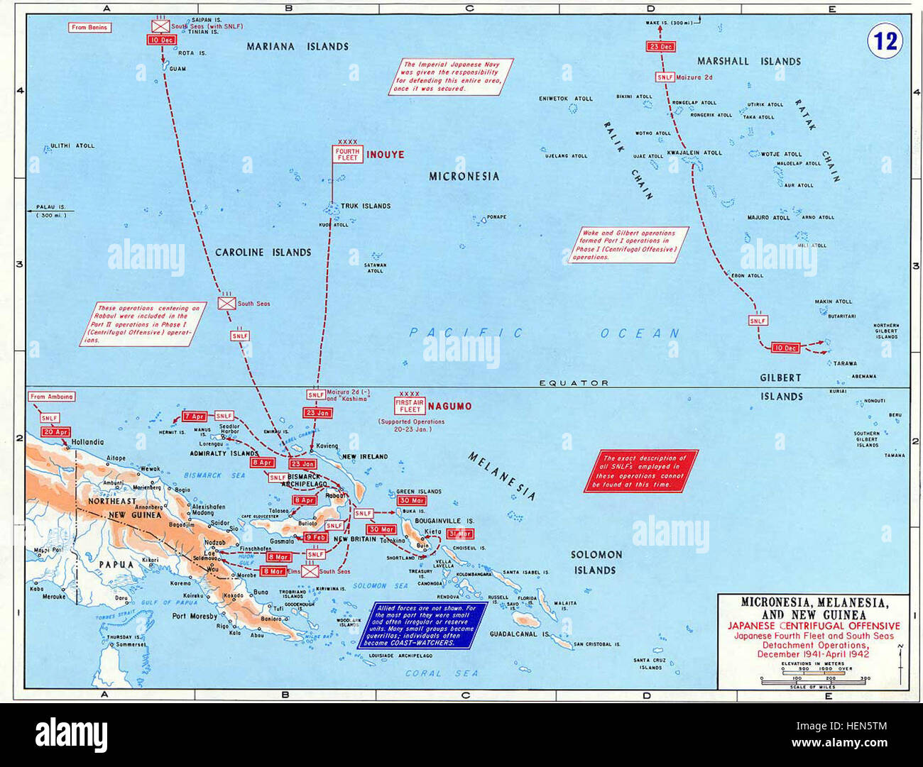La guerre du Pacifique - Micronésie, Mélanésie et Guinée 1941-1942 - Carte Banque D'Images