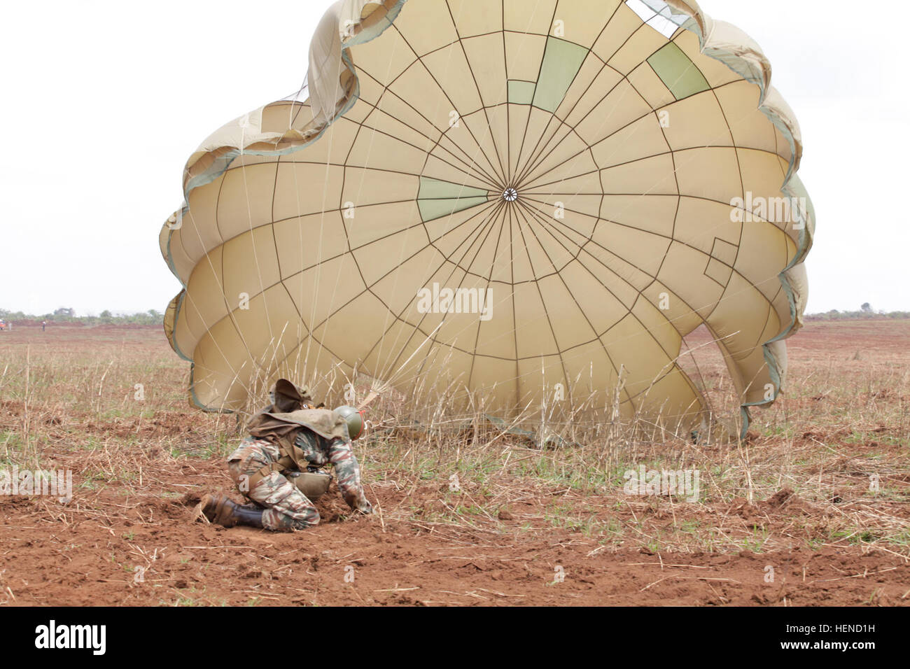 Un parachutiste de l'armée du Cameroun se bat contre être traîné par son parachute, après avoir sauté sur Koutaba Drop Zone, au cours Accord Central 2014, à Koutaba, Cameroun, le 17 mars 2014. Accord Central est un rapport annuel de l'armée américaine dirigée par l'Afrique de l'exercice de ravitaillement aérien au Cameroun visant à renforcer les capacités logistiques des forces américaines et camerounais. (U.S. Photo de l'armée par la CPS. Brady Pritchett/libérés) Un parachutiste de l'armée du Cameroun se bat son parachute qu'il débarque le 17 mars 2014, au cours d'accord Central 14 dans une zone de chute de Koutaba Cameroun 140317-A-GC728-024 Banque D'Images