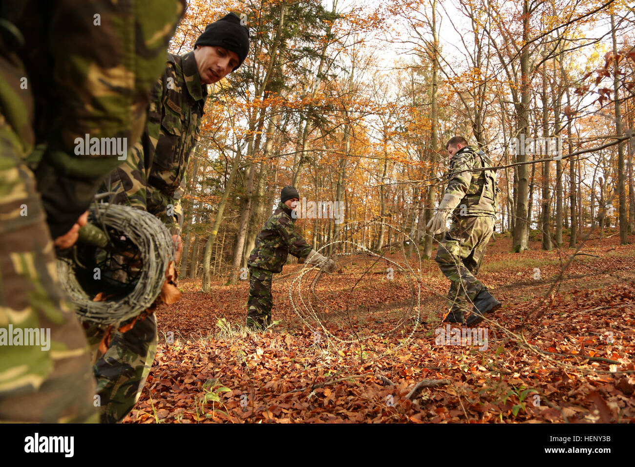 Soldats roumains du 21e Bataillon des troupes de montagne, les troupes de montagne 2e Brigade, 1e Division d'infanterie, construire un barbelé obstacle lors de l'exercice Combined Résoudre III lors de la préparation à l'interarmées multinationale Centre à Hohenfels, Allemagne, 4 novembre 2014. Résoudre combiné III est un exercice multinational, qui comprend plus de 4 000 participants de l'OTAN et des pays partenaires, et est conçu pour fournir une formation complexe scénario qui met l'accent sur les multinationales unified opérations terrestres et renforce l'engagement des États-Unis à l'OTAN et l'Europe. (U.S. Photo de l'armée par la CPS. John Cress Jr./libérés) Co Banque D'Images