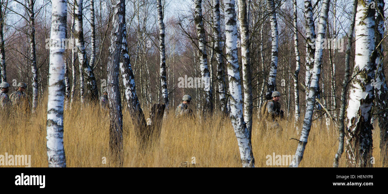 Les soldats de la Compagnie A, 2e Bataillon, 12e Régiment de cavalerie, 1 Brigade Combat Team, 1re Division de cavalerie à pied à travers la forêt en feu à blanc dans la formation d'assaut peloton Grafenwoehr, Allemagne, le 15 novembre. (U.S. Photo de l'armée par le Sgt. Alexander, Skripnichuk Mobile 7e Détachement des affaires publiques) La pratique rend parfait 141115-A-DU810-005 Banque D'Images