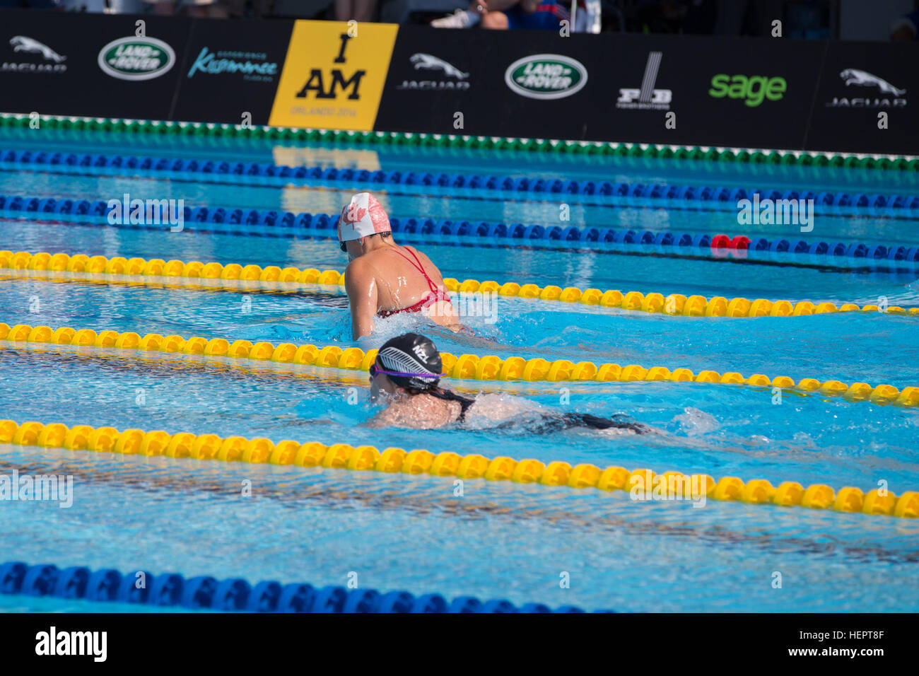 Mimi Poulin, Canada, droit, participe à une épreuve de natation au cours de l'Invictus, 2016 Jeux ESPN Wide World of Sports, Orlando, Floride, le 11 mai 2016. L'Invictus Games sont une compétition sportive qui a été créé par le prince Harry du Royaume-Uni, après avoir été inspiré par les jeux de guerrier du DoD. Cet événement réunira des blessés, malades et blessés militaires et anciens combattants de 15 pays pour des événements y compris : tir à l'arc, randonnée à vélo, l'aviron, la dynamophilie, le volleyball assis, natation, athlétisme, basket-ball en fauteuil roulant, la course en fauteuil roulant, rugby en fauteuil roulant et en fauteuil roulant t Banque D'Images