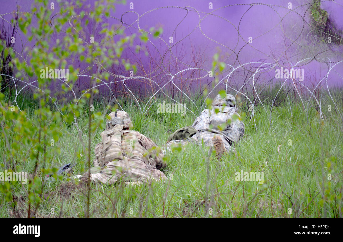 10e Bataillon de sapeurs du Génie, 1st Armored Brigade Combat Team, 3ème Division d'infanterie d'évaluer un obstacle de fil et se préparent à l'infraction à l'aide d'une torpille Bangalore durant leur artillerie Tableau XII à Grafenwoehr Domaine de formation, l'Allemagne le 19 mai. Les pelotons sont sur la table de tir pour être certifié et préparé pour exercer Anakonda 16 qui se tiendra en Pologne du 7 au 17 juin. Anakonda est un exercice dirigée par la Pologne qui comprendra plus de 25 000 participants de 24 nations, le soutien de la qualité et des mesures de dissuasion en faisant preuve de capacités de défense à déployer, de la masse et de soutenir la lutte contre le pouvoir. Banque D'Images