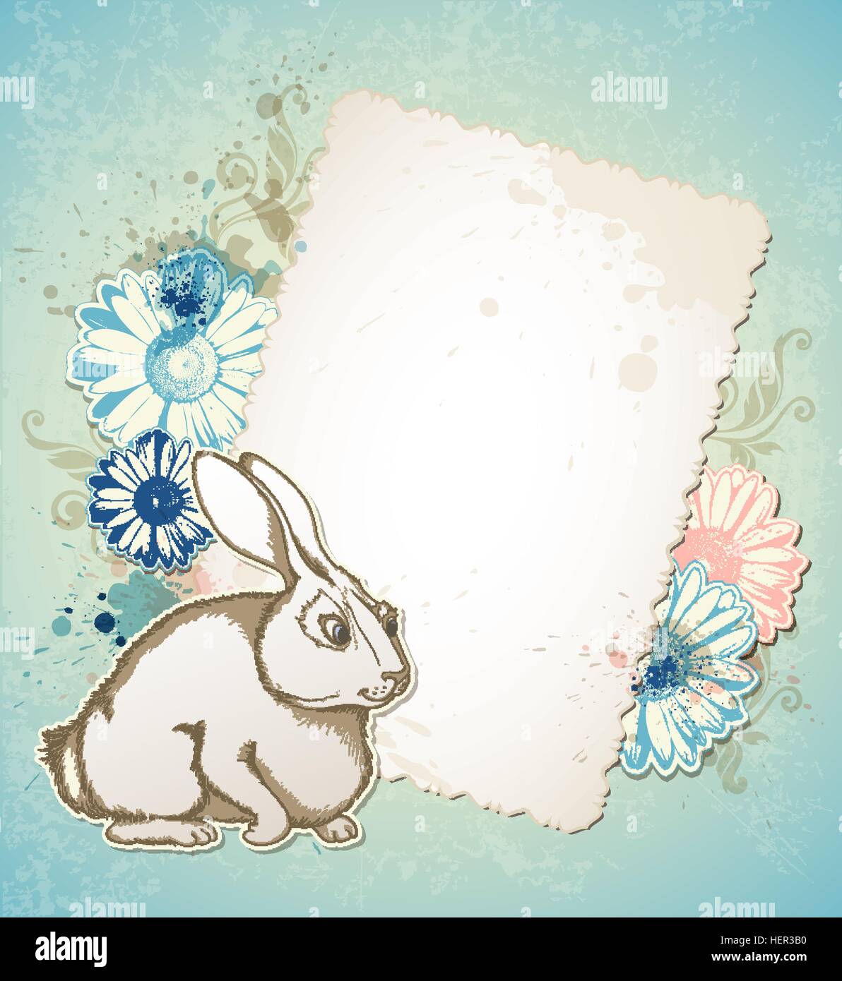 Vector Vintage Easter Rabbit et fleurs Illustration de Vecteur