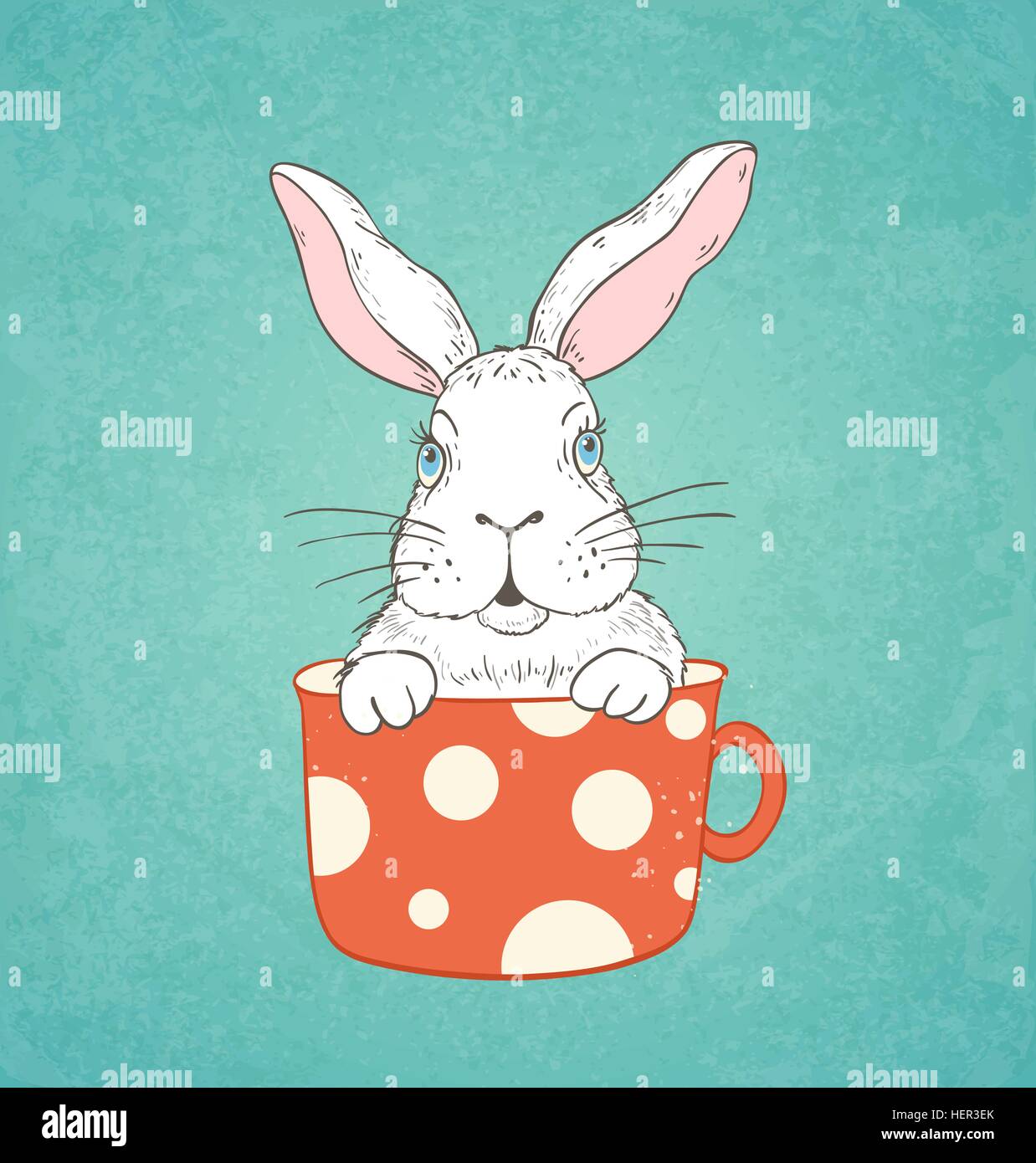 Carte de Pâques dessiné à la main avec lapin blanc dans une tasse rouge Illustration de Vecteur
