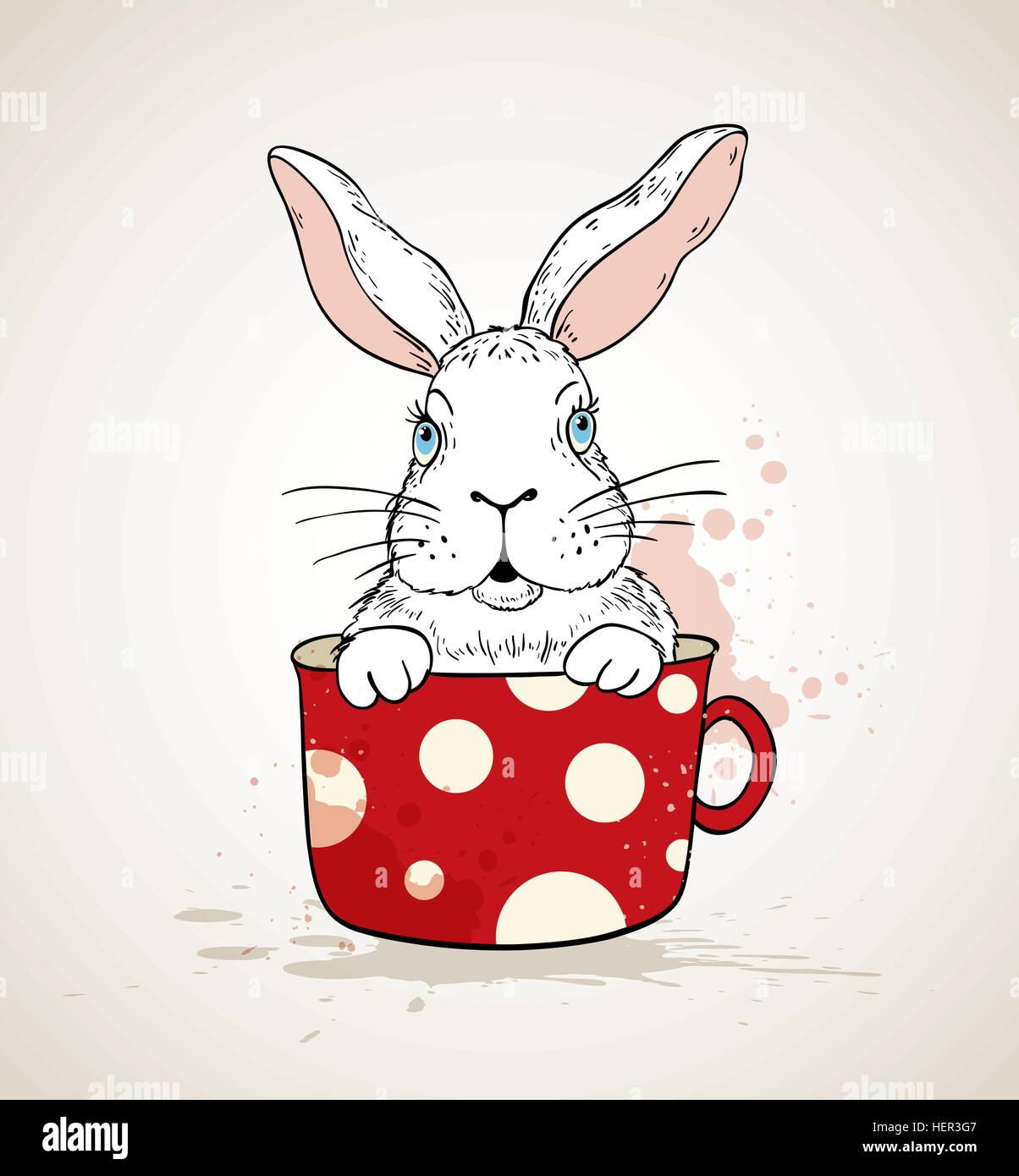 Hand drawn vector Easter lapin blanc dans une tasse rouge Illustration de Vecteur