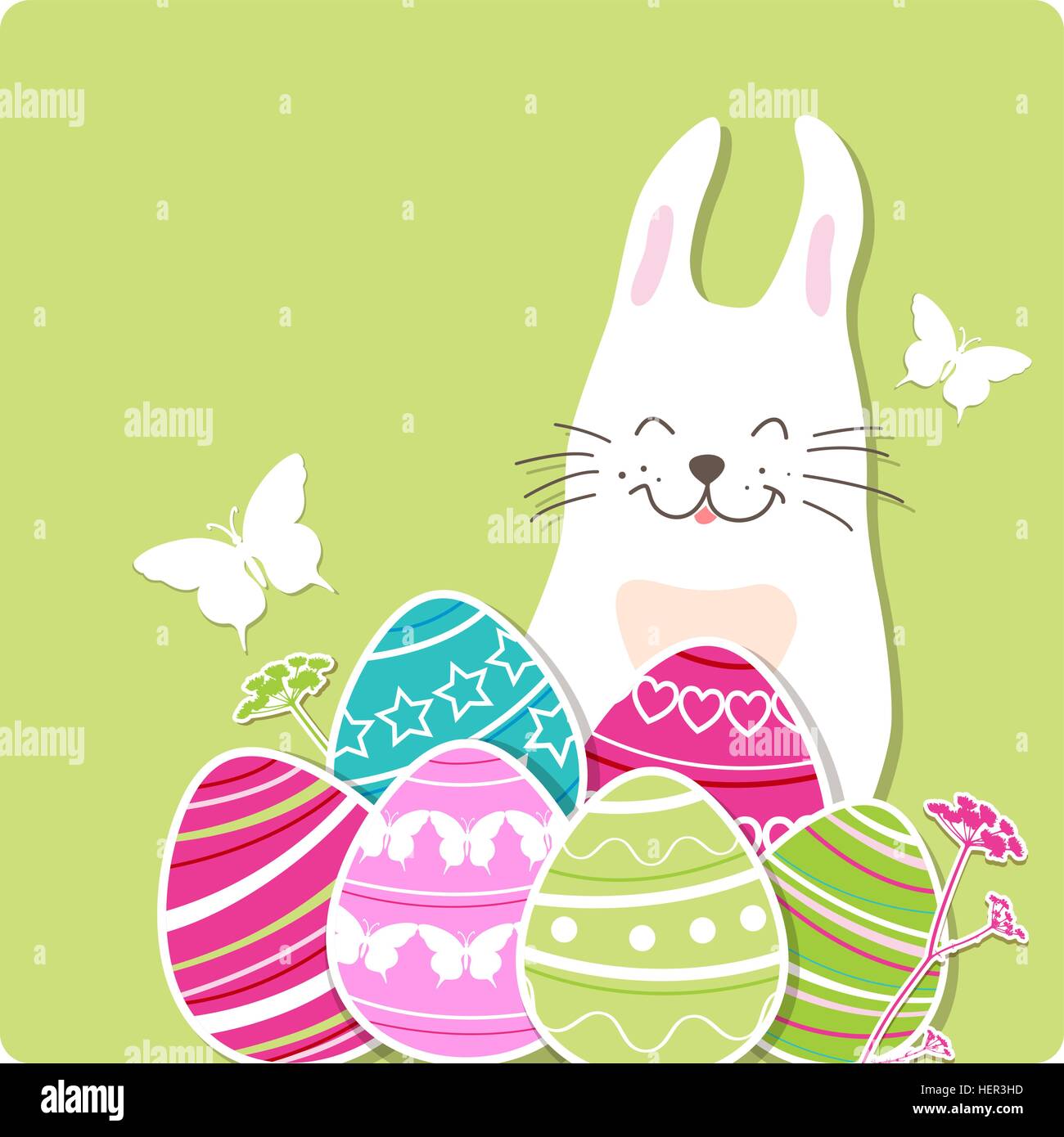 Décorations de Pâques avec le lapin et les œufs de la carte sur un fond vert. Vector illustration. Illustration de Vecteur