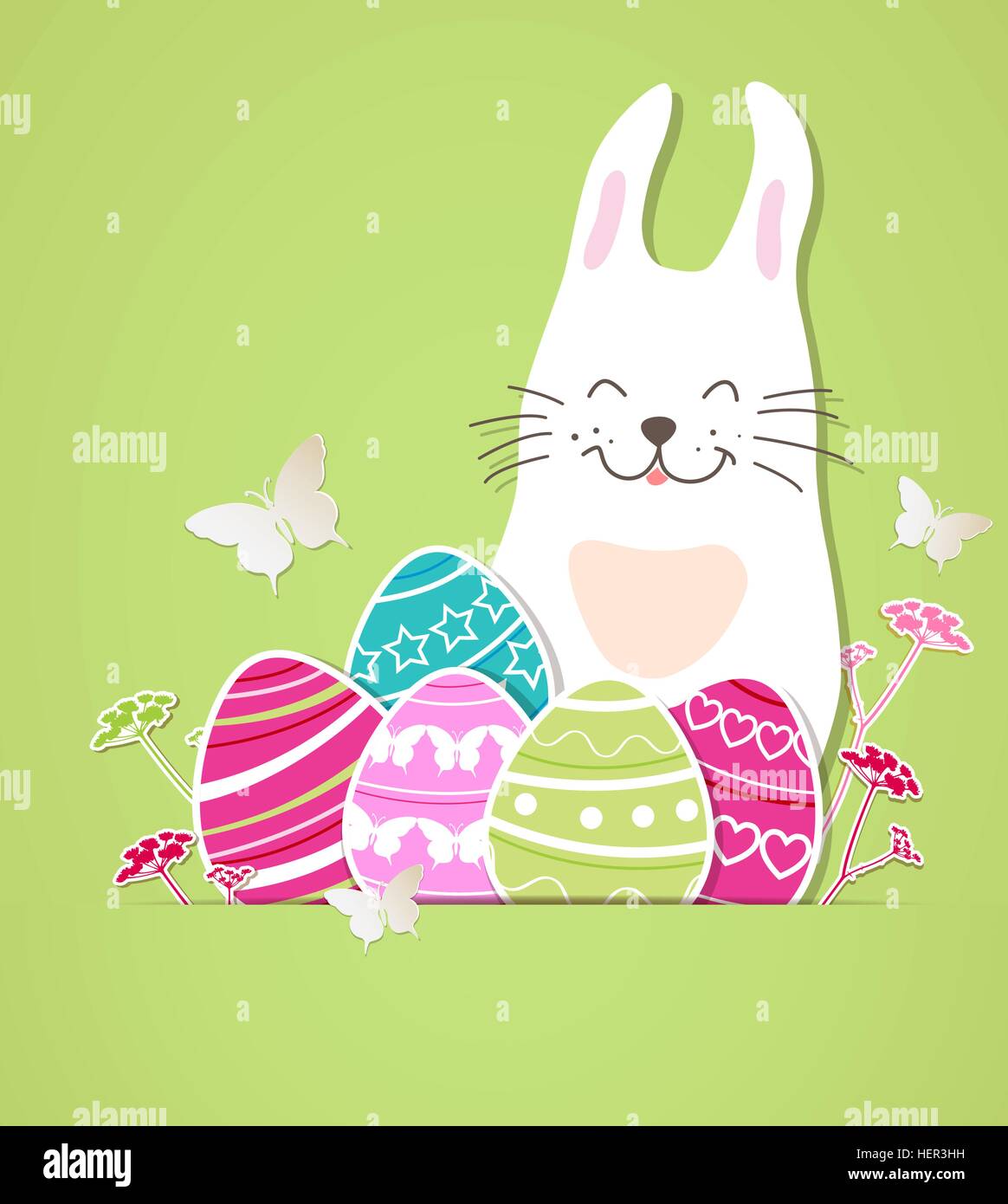 Décorations de Pâques avec le lapin et les œufs de la carte sur un fond vert. Vector illustration. Illustration de Vecteur