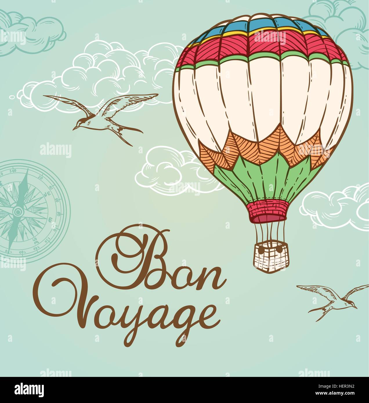 Green vintage avec ballon volant dans le ciel. Hand drawn vector illustration. Illustration de Vecteur