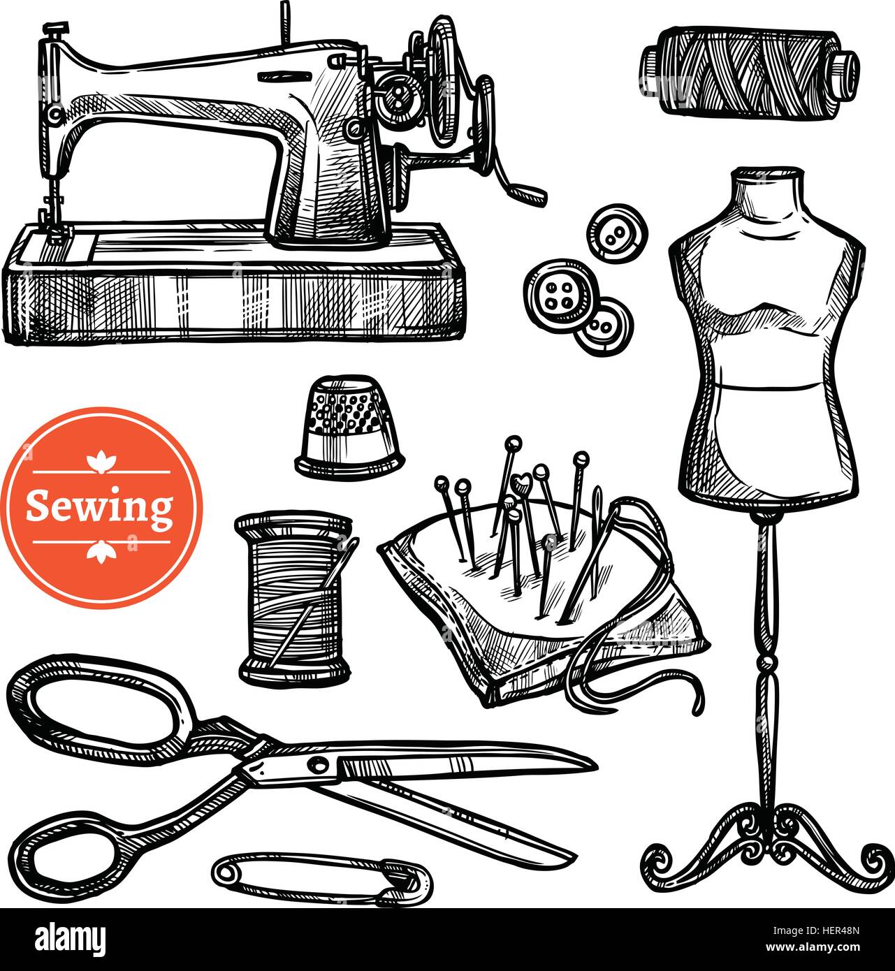 Croquis à main Set de couture. Croquis dessinés à la main avec des ciseaux  de couture mannequin de couture boutons broches dé symboles machine Image  Vectorielle Stock - Alamy