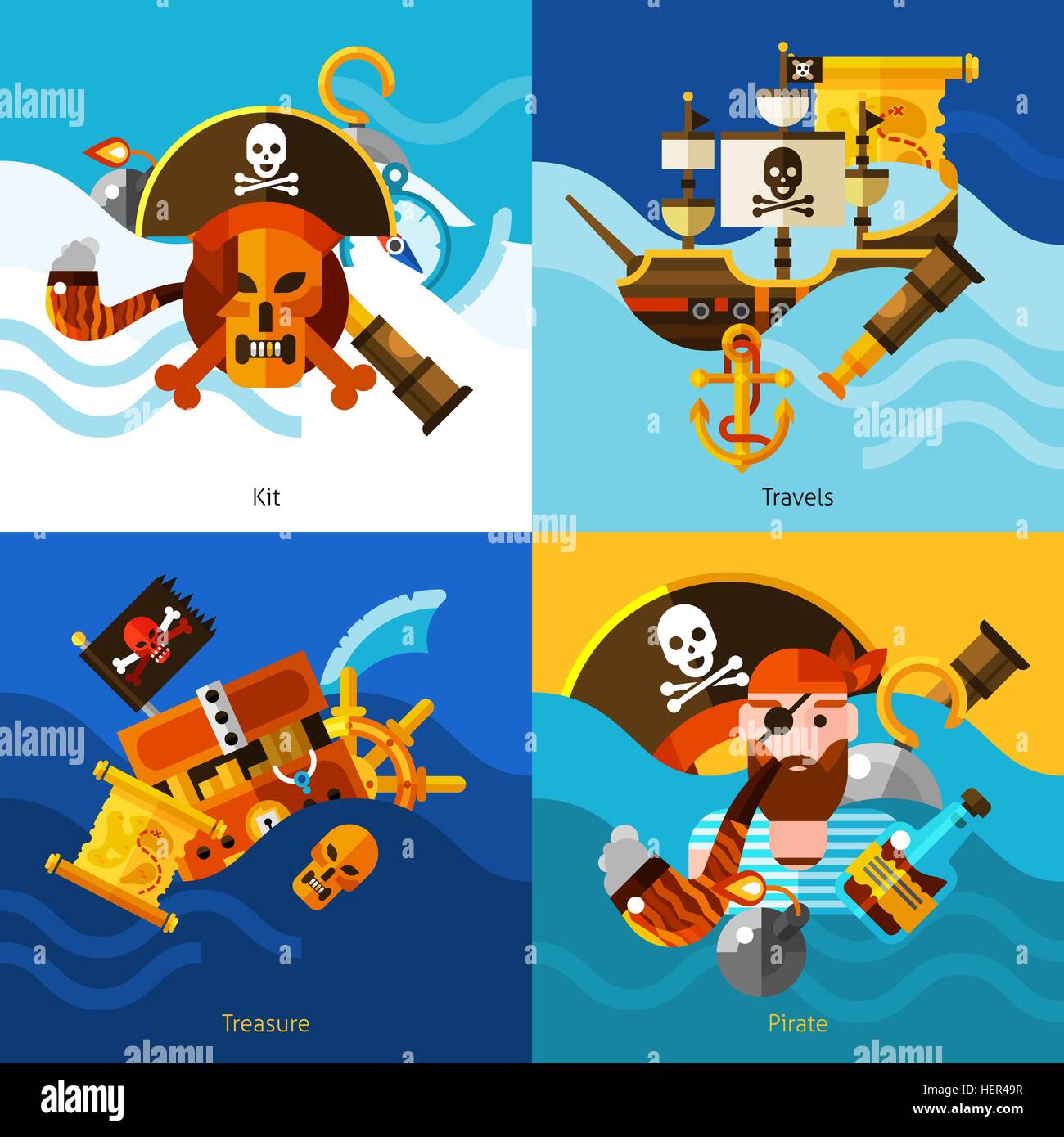 Pirates 2x2 Concept Design Set . Pirates 2x2 conception de l'ensemble d'un pirate aux yeux d'or la poitrine pipe voilier avec Illustration de Vecteur