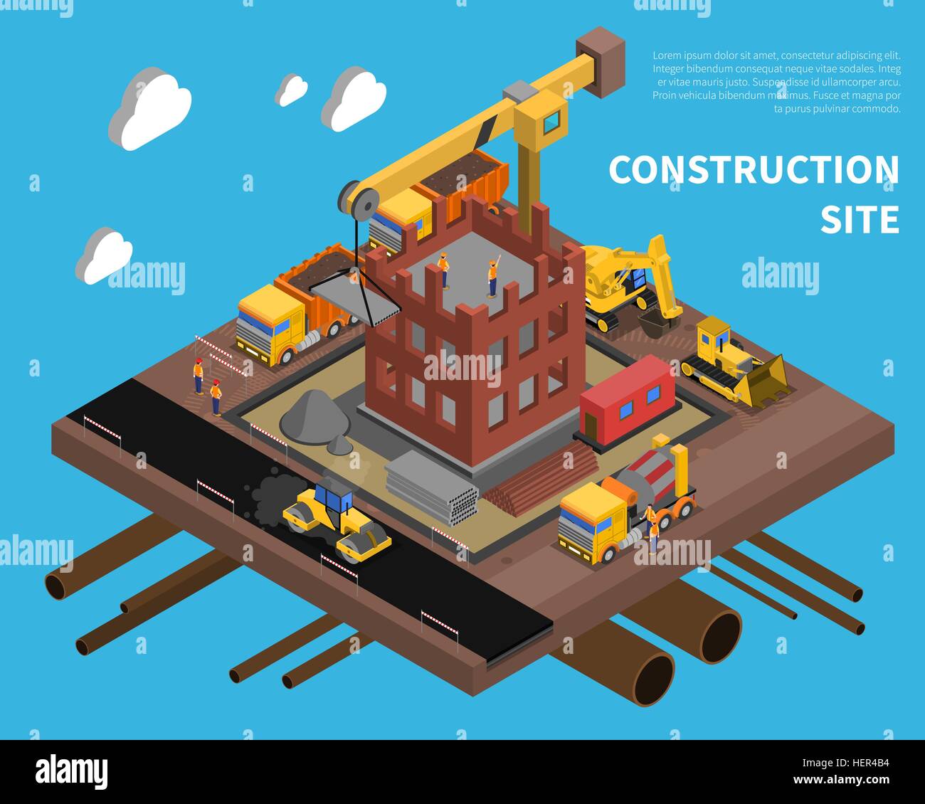 Site de construction . Site de construction bâtiment bloc d'appartements avec des symboles sur fond bleu vecteur isométrique Illustration de Vecteur
