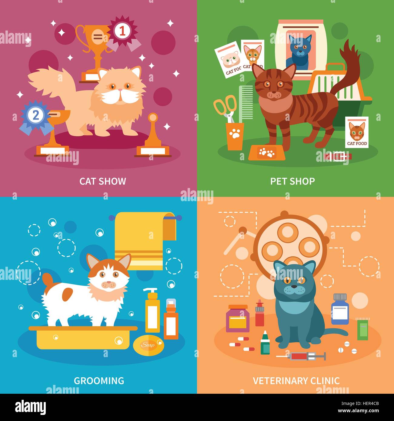 Concept Les chats. Concept design chats toilettage et de télévision clinique vétérinaire d'illustration vectorielle isolés des icônes Illustration de Vecteur