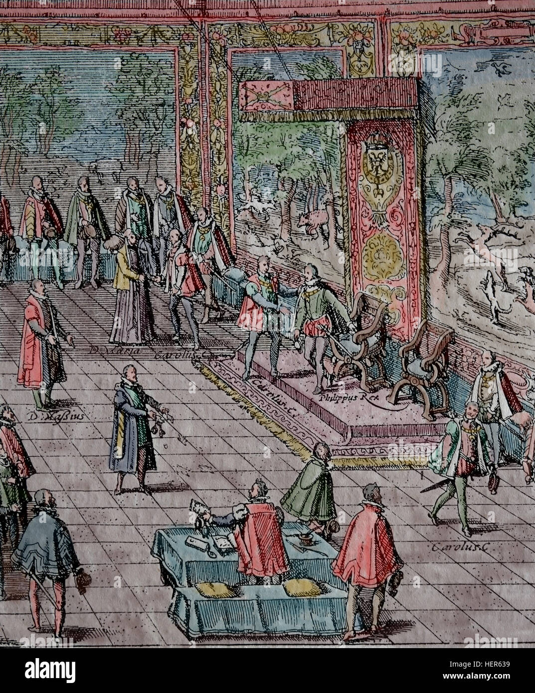 Charles V, empereur romain saint abdication à Bruxelles, 1555. Gravure par Hozenberg Cooper. Copie. Plus tard la couleur. Banque D'Images