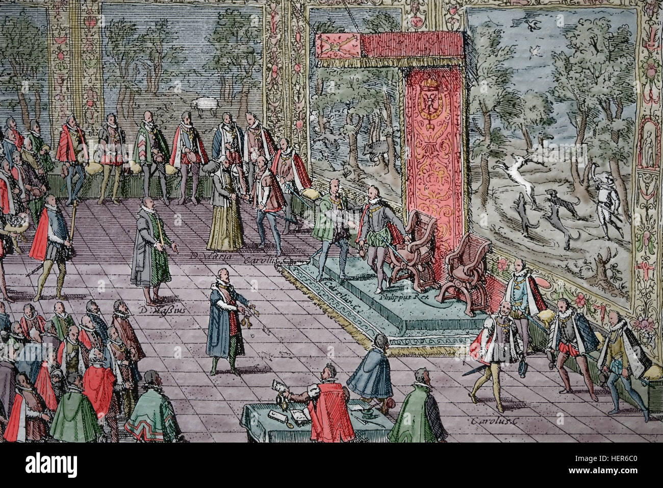 Charles V, empereur romain saint abdication à Bruxelles, 1555. Gravure par Hozenberg Cooper. Copie. Plus tard la couleur. Banque D'Images