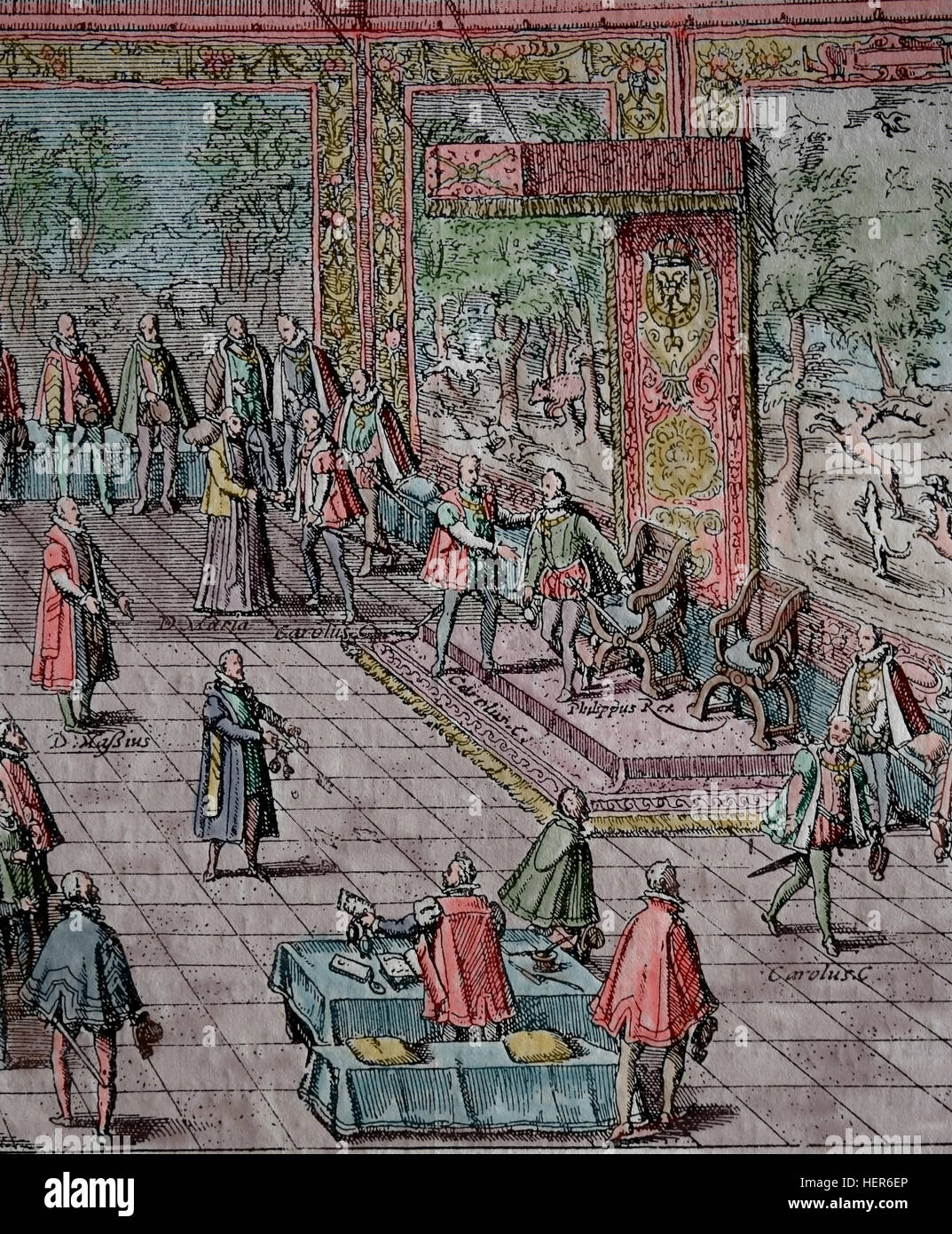 Charles V, empereur romain saint abdication à Bruxelles, 1555. Gravure par Hozenberg Cooper. Copie. Plus tard la couleur. Banque D'Images