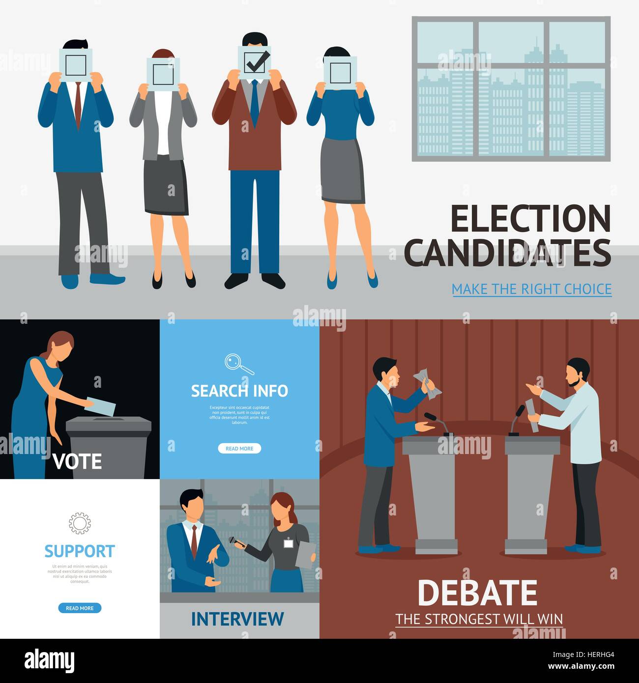 Élection politique Télévision Composition Bannières . Les candidats aux élections politiques promet des débats et de l'information entrevue en ligne 4 Illustration de Vecteur