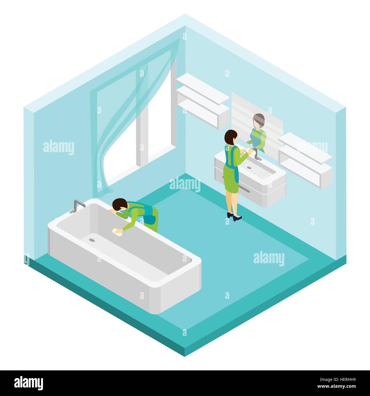 Les gens de bains de nettoyage . Personnes salle de bains avec fenêtre nettoyage miroir baignoire et vector illustration isométrique Illustration de Vecteur