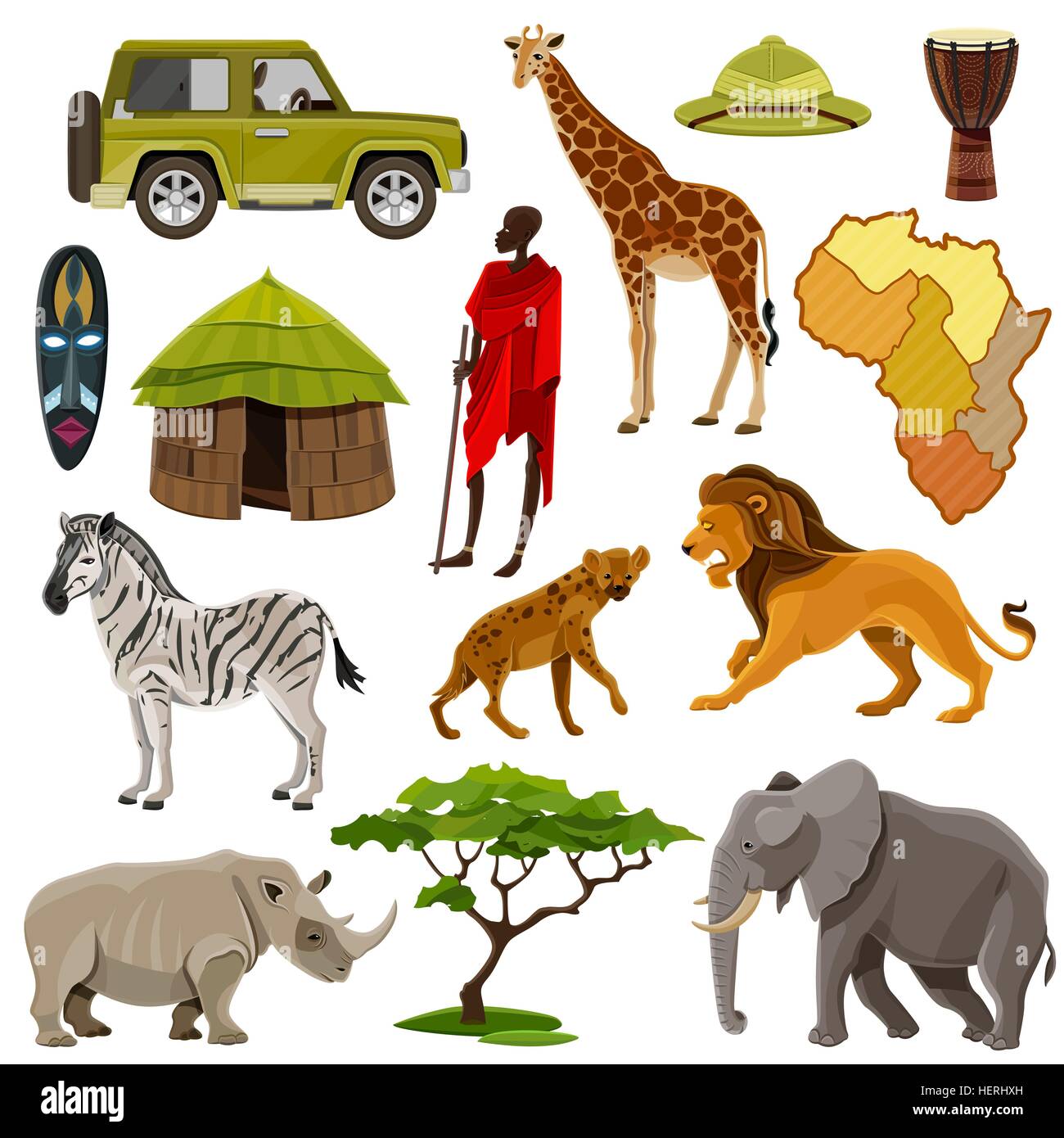 Les icônes de l'Afrique. Caricature Afrique icons set avec zebra et lion hippo isolé vector illustration Illustration de Vecteur