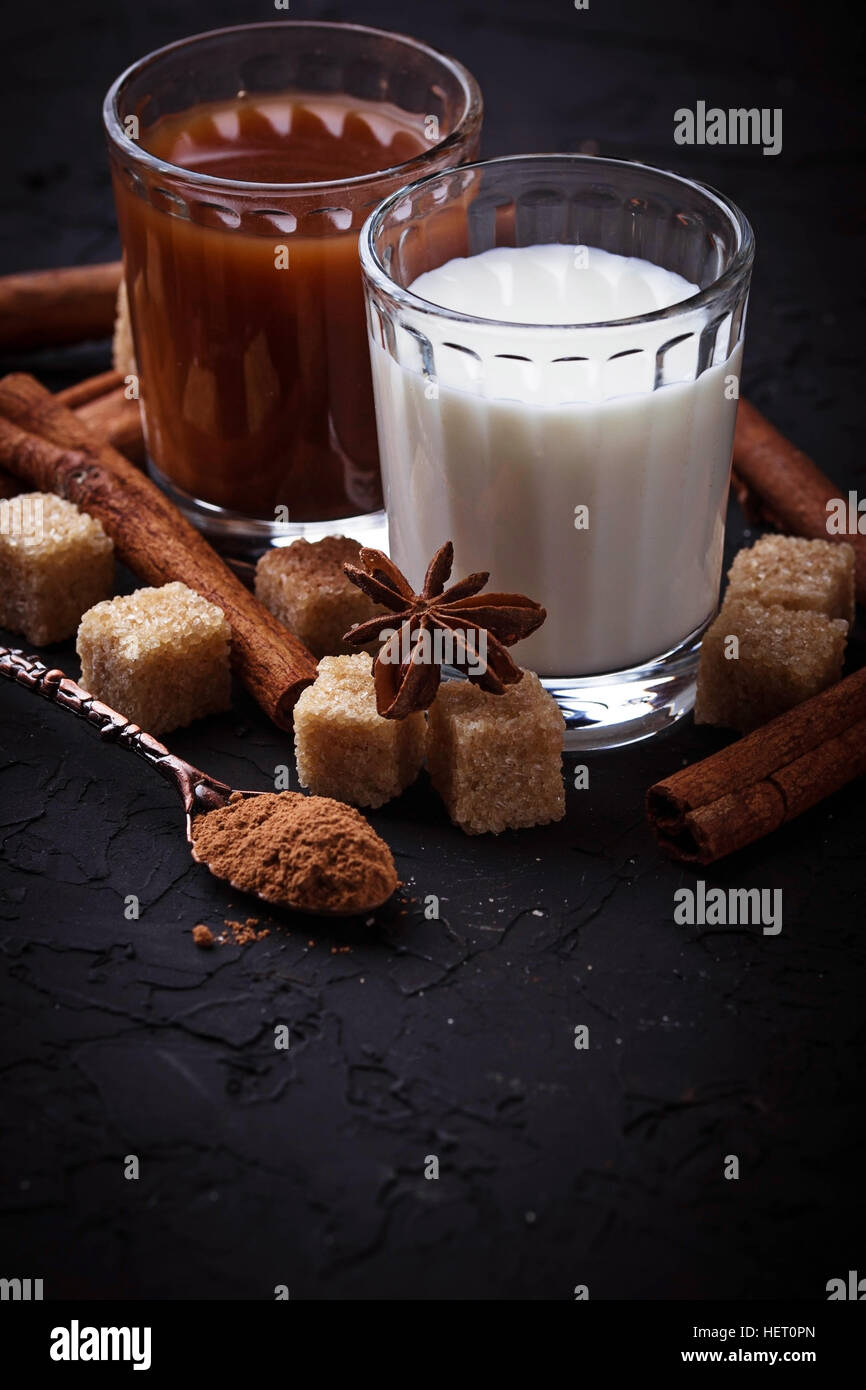 Le cacao, lait, sucre et cannelle. Selective focus Banque D'Images