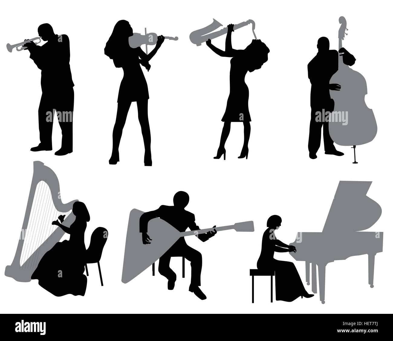 Silhouettes des musiciens jouant des instruments de musique Illustration de Vecteur