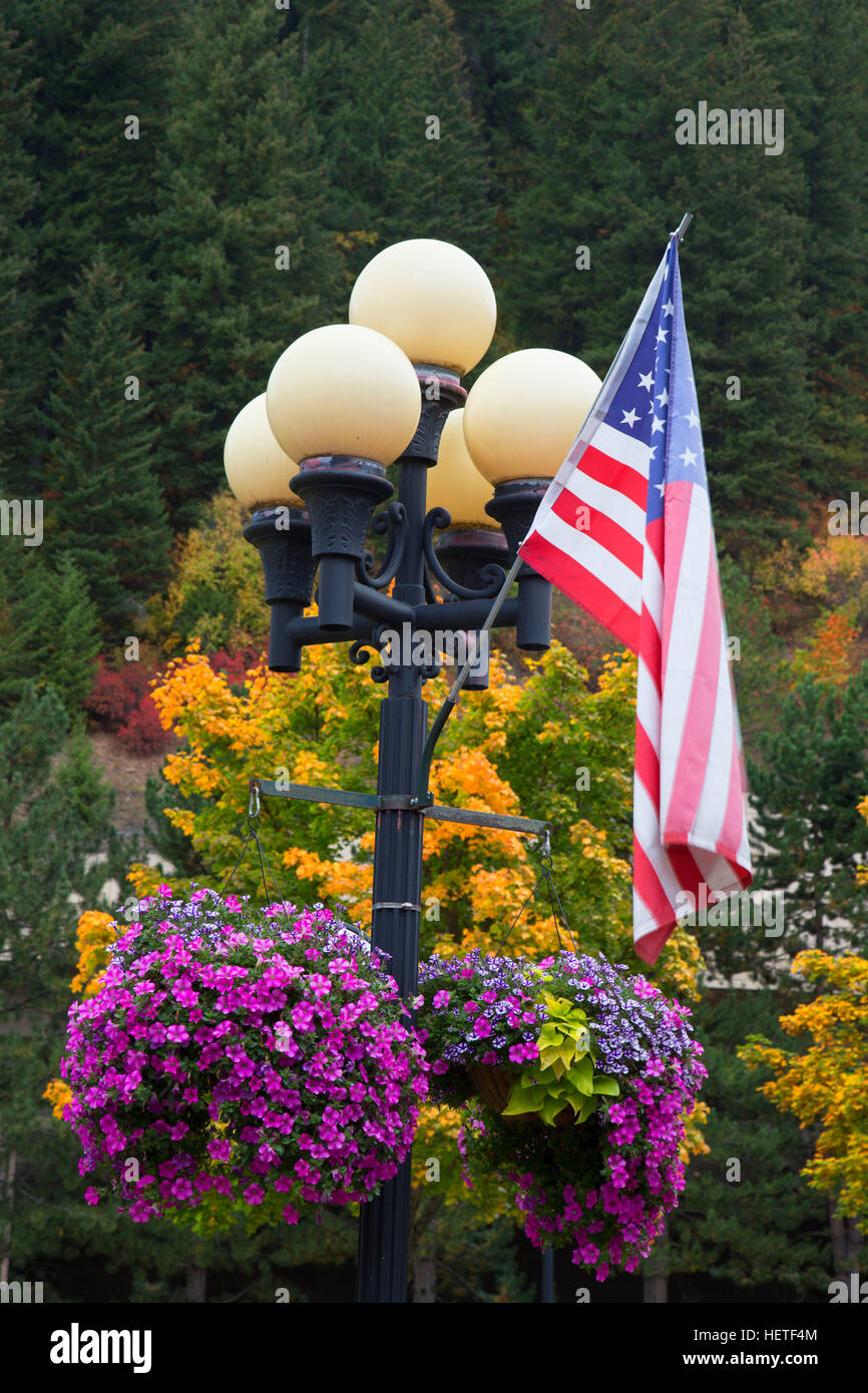 Lampadaire avec le drapeau américain, Wallace, New York Banque D'Images