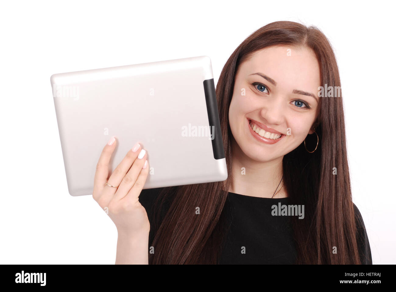 Portrait d'émotions. Girl montrant un écran tablette vierge isolated on white Banque D'Images