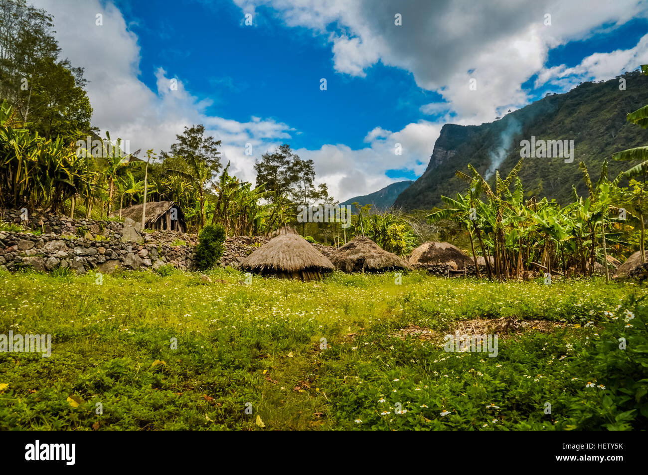 Les petites maisons aux toits de paille dans village entouré de verdure et de hautes montagnes à Dani près de circuit Wamena, Papouasie, Indonésie. Banque D'Images