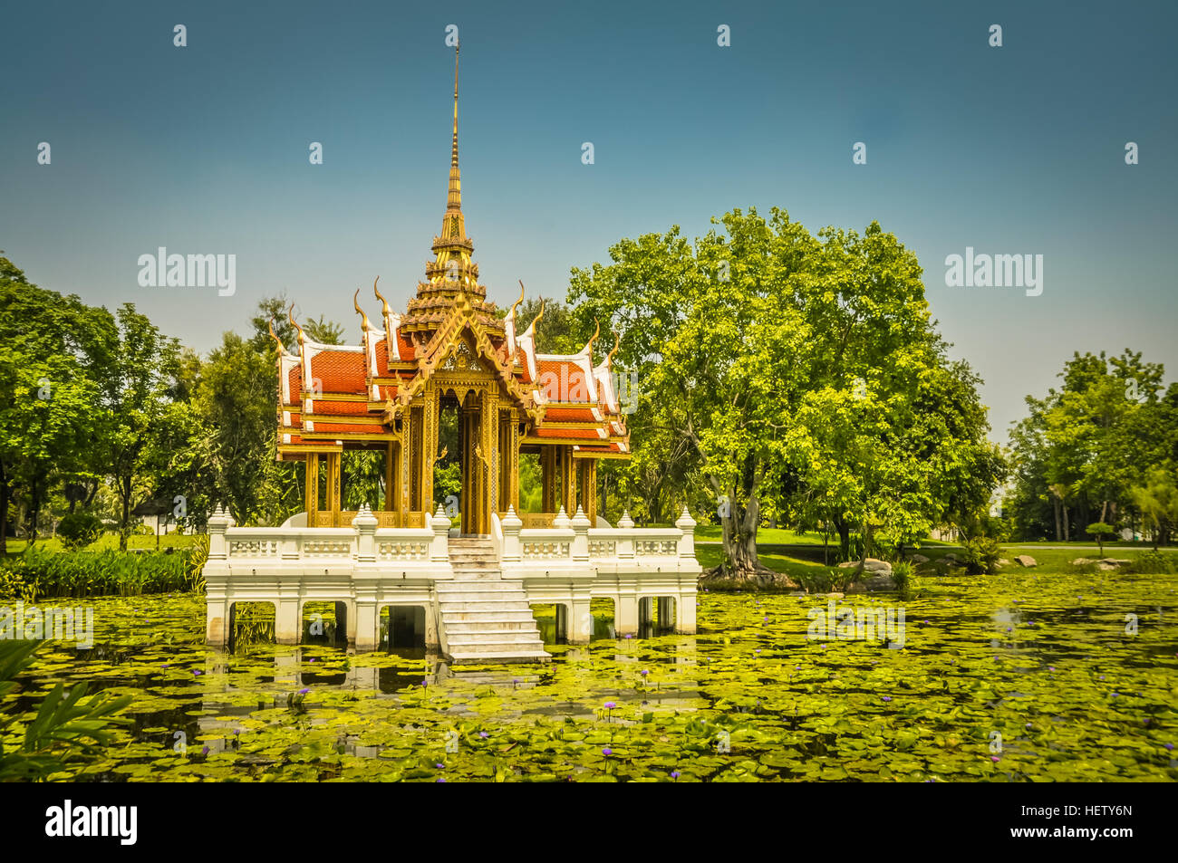 Photo de la construction sur l'eau avec toit d'or, entouré de nénuphars et de verdure à Bangkok, Thaïlande. Banque D'Images